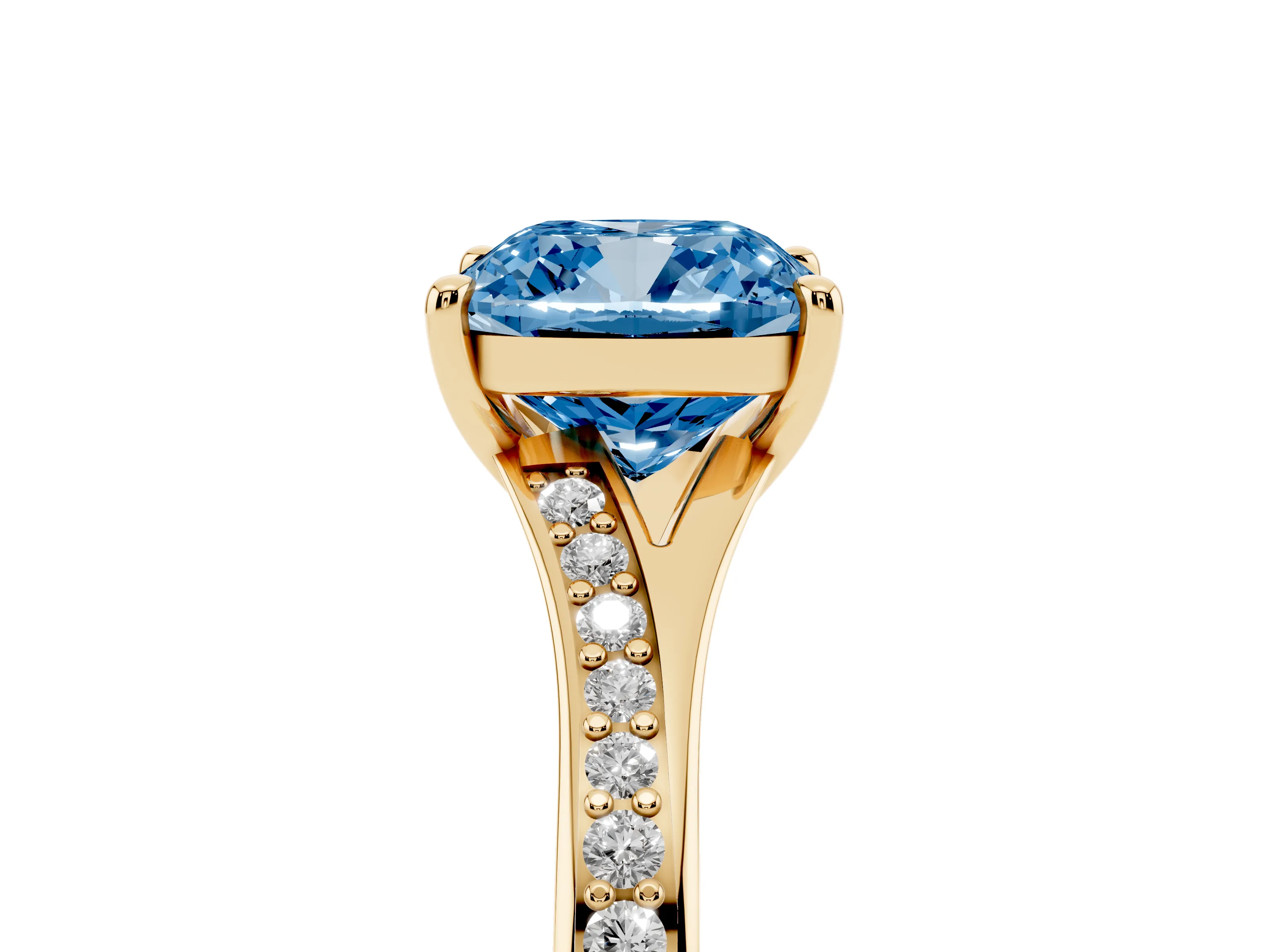 Fancy Blue Cushion Cut Diamond Solitaire Ring Set in Yellow gold with Pavé Accent Band and Classic Prong Setting
