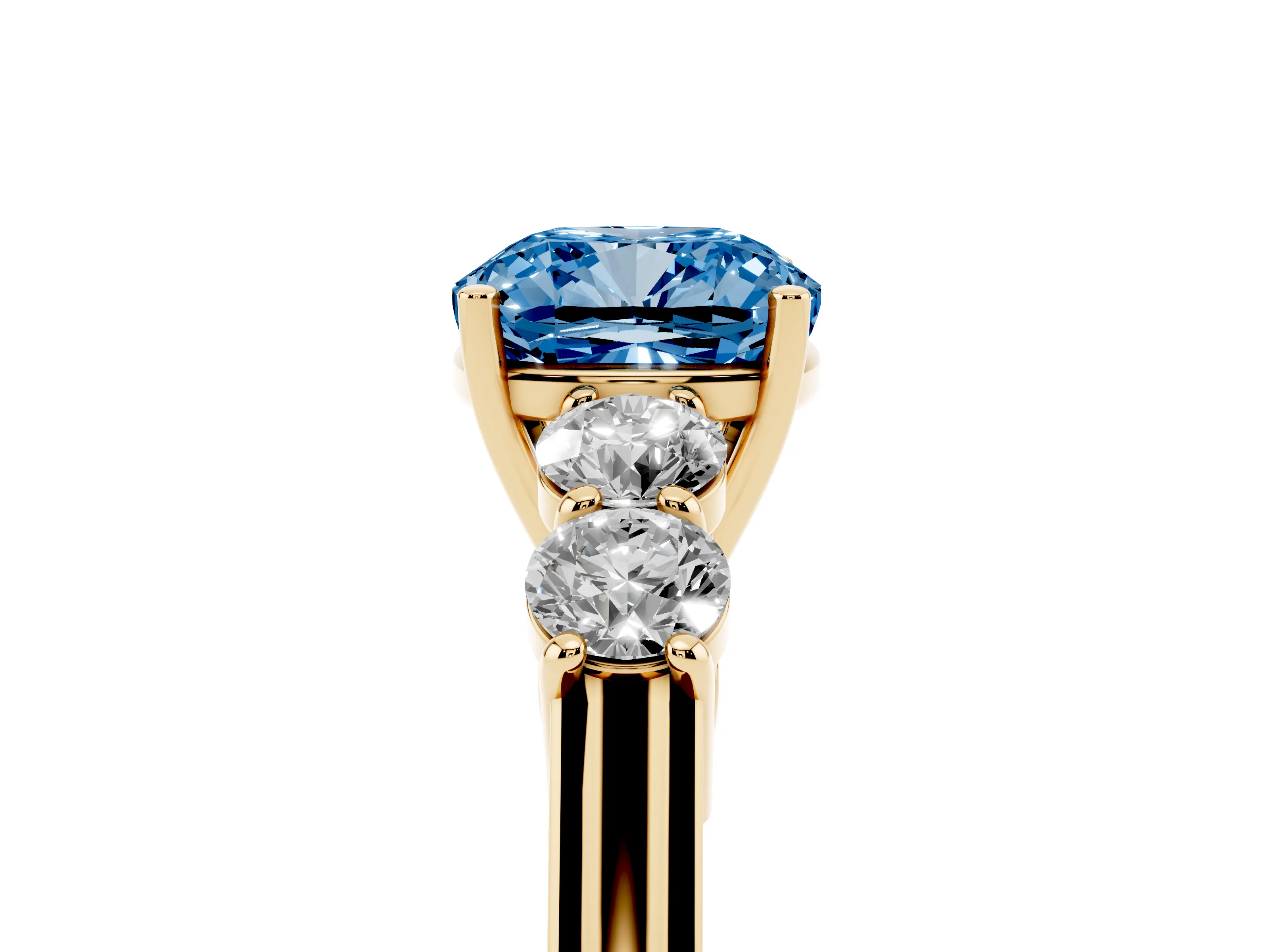 Fancy Blue Cushion Cut Diamond Five-Stone Prong Set Band Ring Set in Yellow gold with Polished Band
