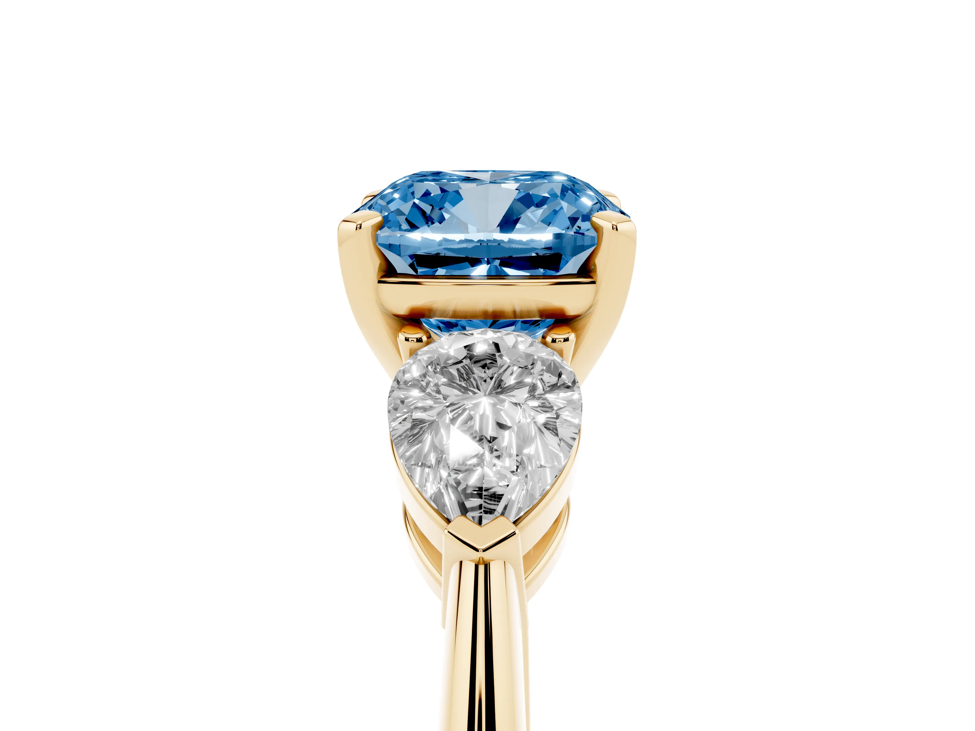 Fancy Blue Three-Stone Cushion Cut Diamond Ring Set in Yellow gold with Pear Side Stones and Prong Setting