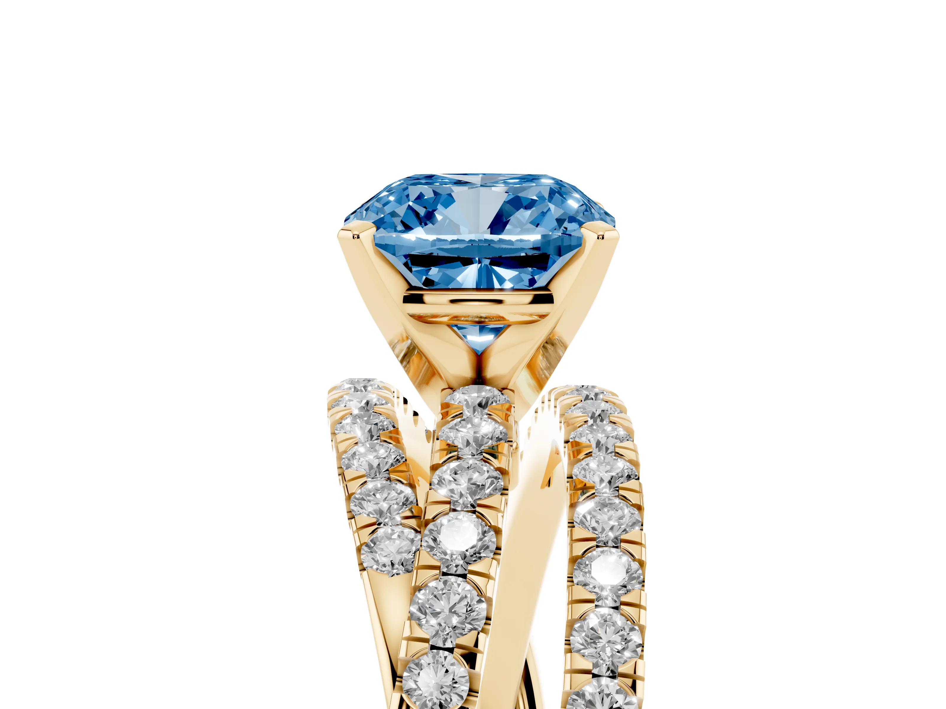Fancy Blue Cushion Cut Diamond Solitaire Twist Band Ring Set in Yellow gold with Pavé Setting and Prong Head