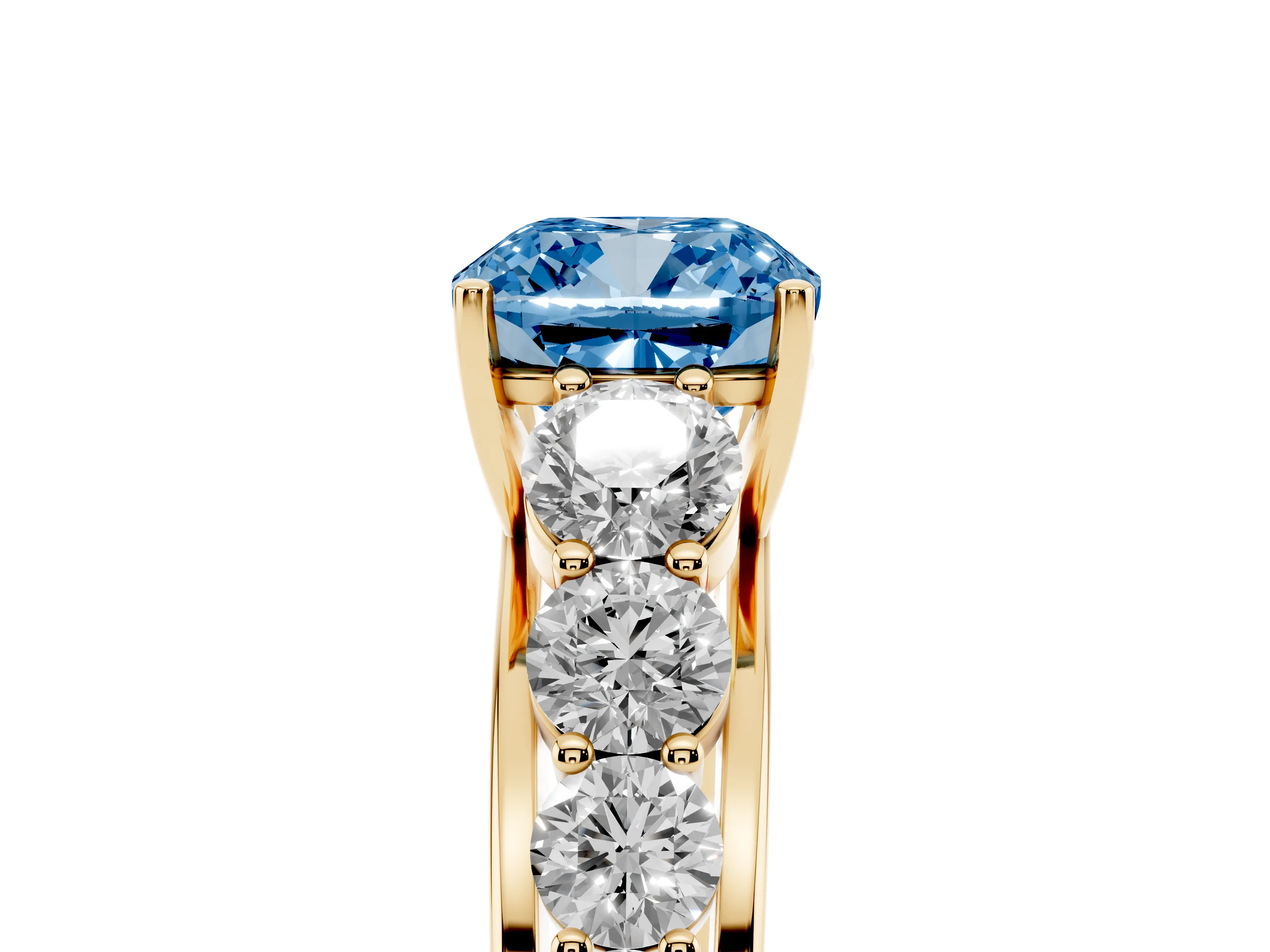 Fancy Blue Cushion Cut Diamond Solitaire Ring Set in Yellow gold with Pavé-Set Band and Prong Setting