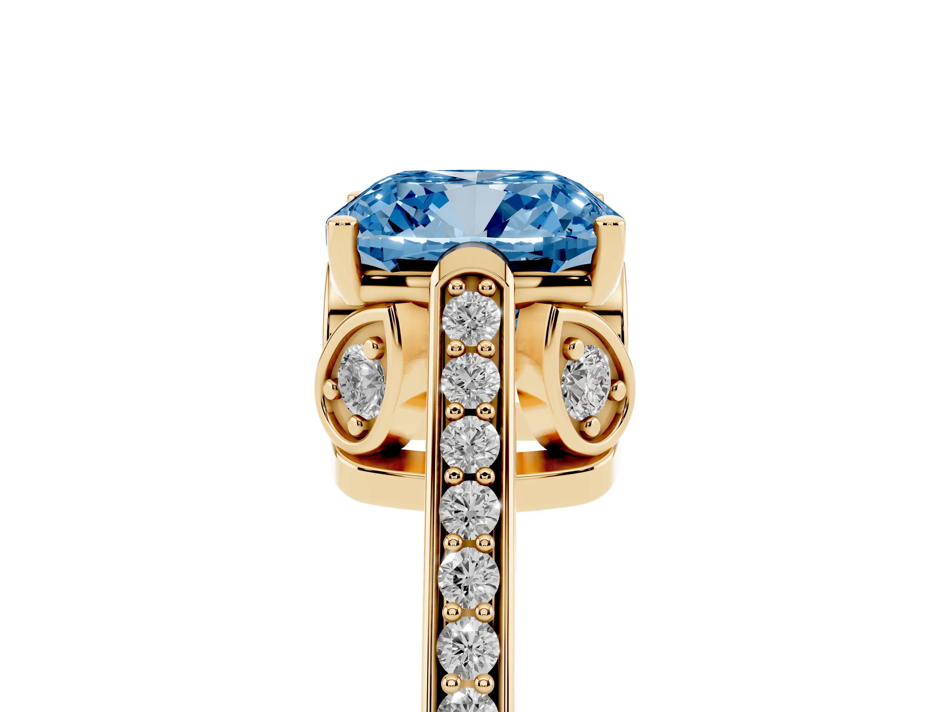 Fancy Blue Cushion Cut Diamond Cathedral Pavé Engagement Ring Set in Yellow gold with Prong Setting