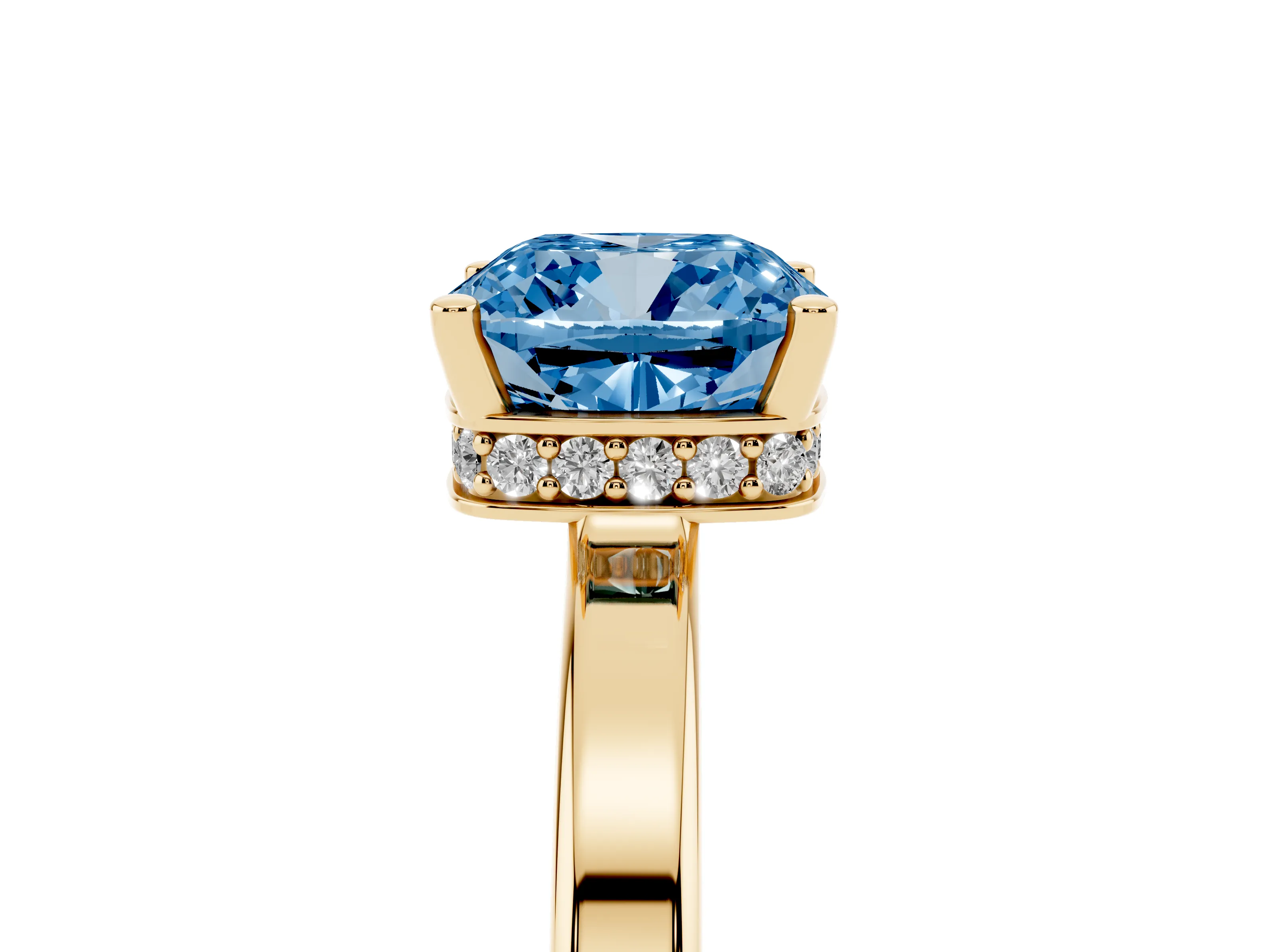 Fancy Blue Cushion Cut Diamond Solitaire Engagement Ring Set in Yellow gold with Prong Setting on a Plain Band