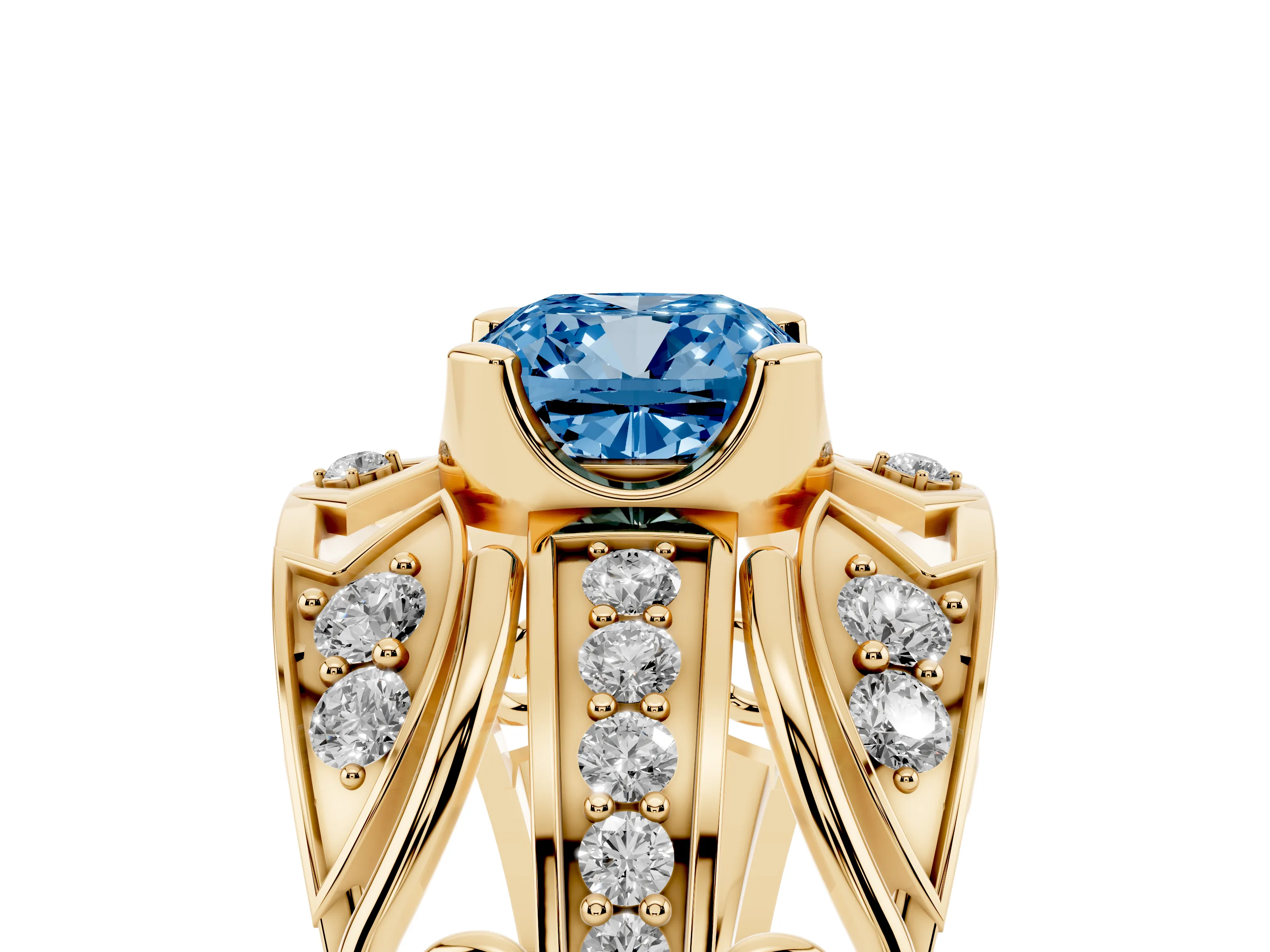 Fancy Blue Cushion Cut Diamond Art Deco Ring Set in Yellow gold with Pavé Split Shank