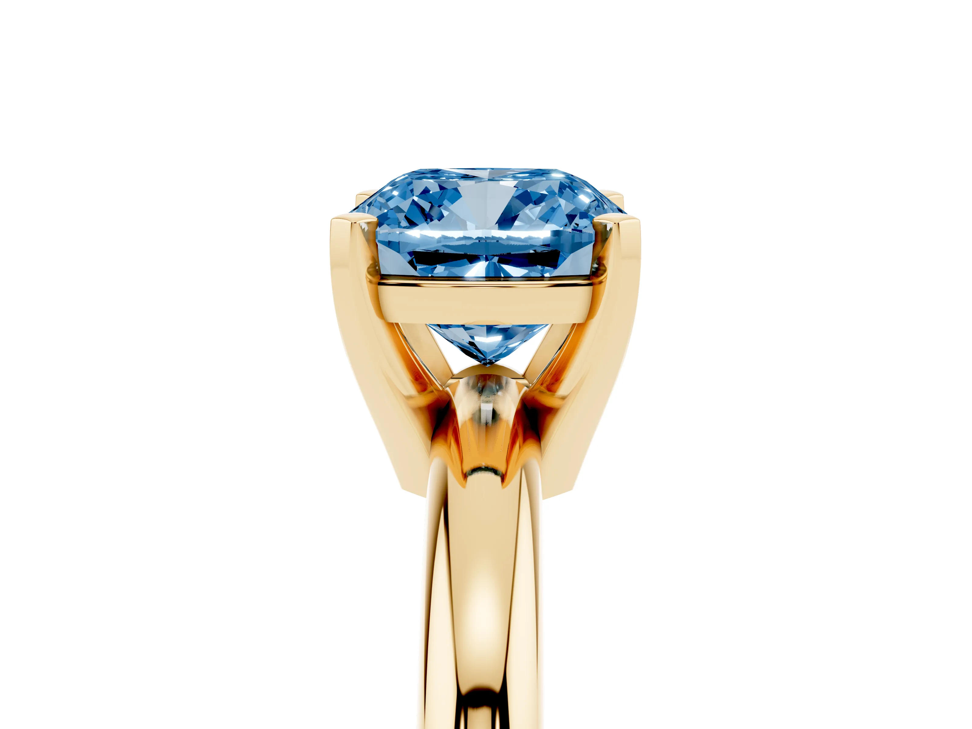 Fancy Blue Cushion Cut Diamond Solitaire Engagement Ring Set in Yellow gold with Round Band and Prong Setting
