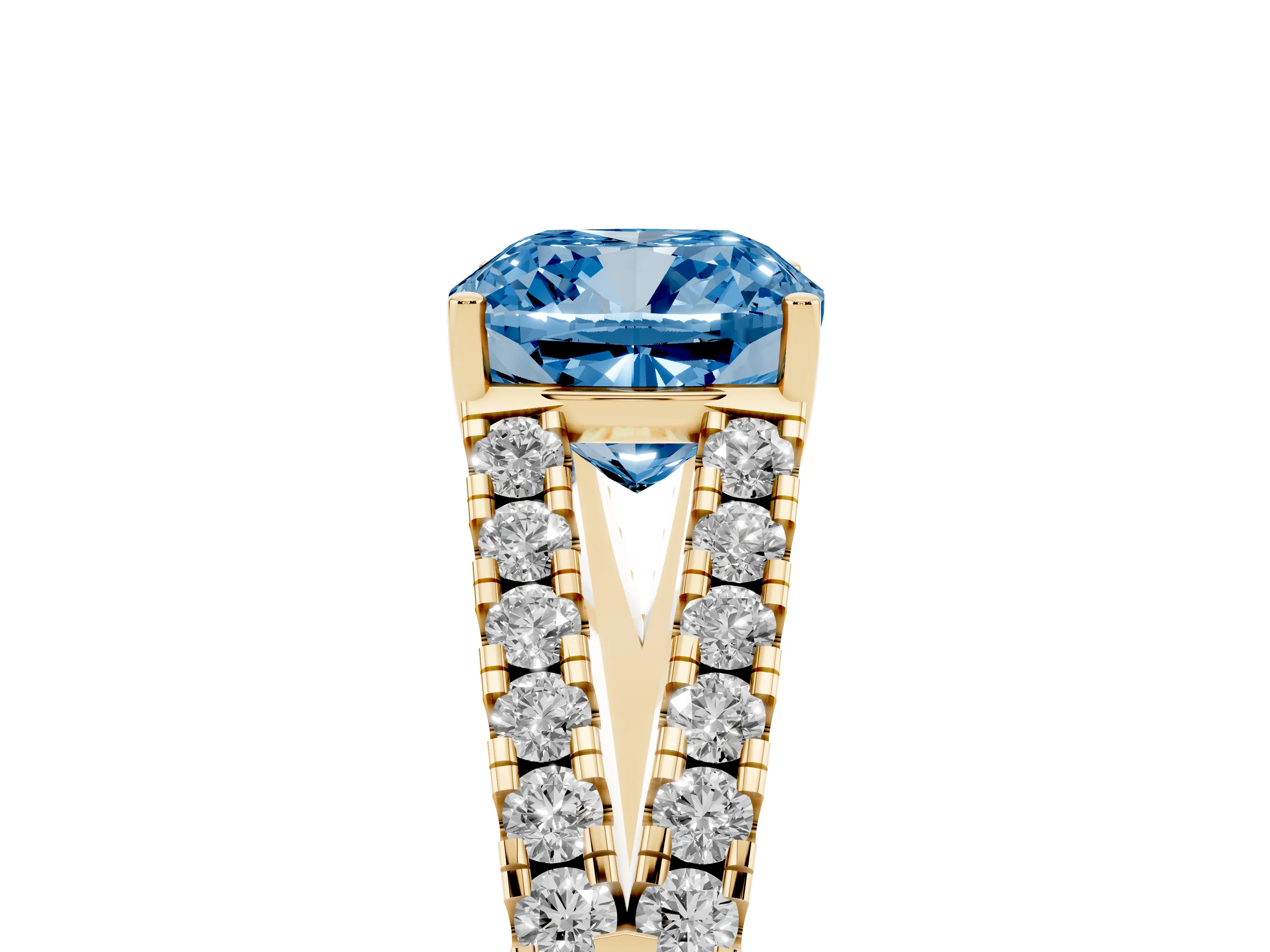 Fancy Blue Cushion Cut Diamond Split Shank Pavé Engagement Ring Set in Yellow gold with Prong-Held Center Stone
