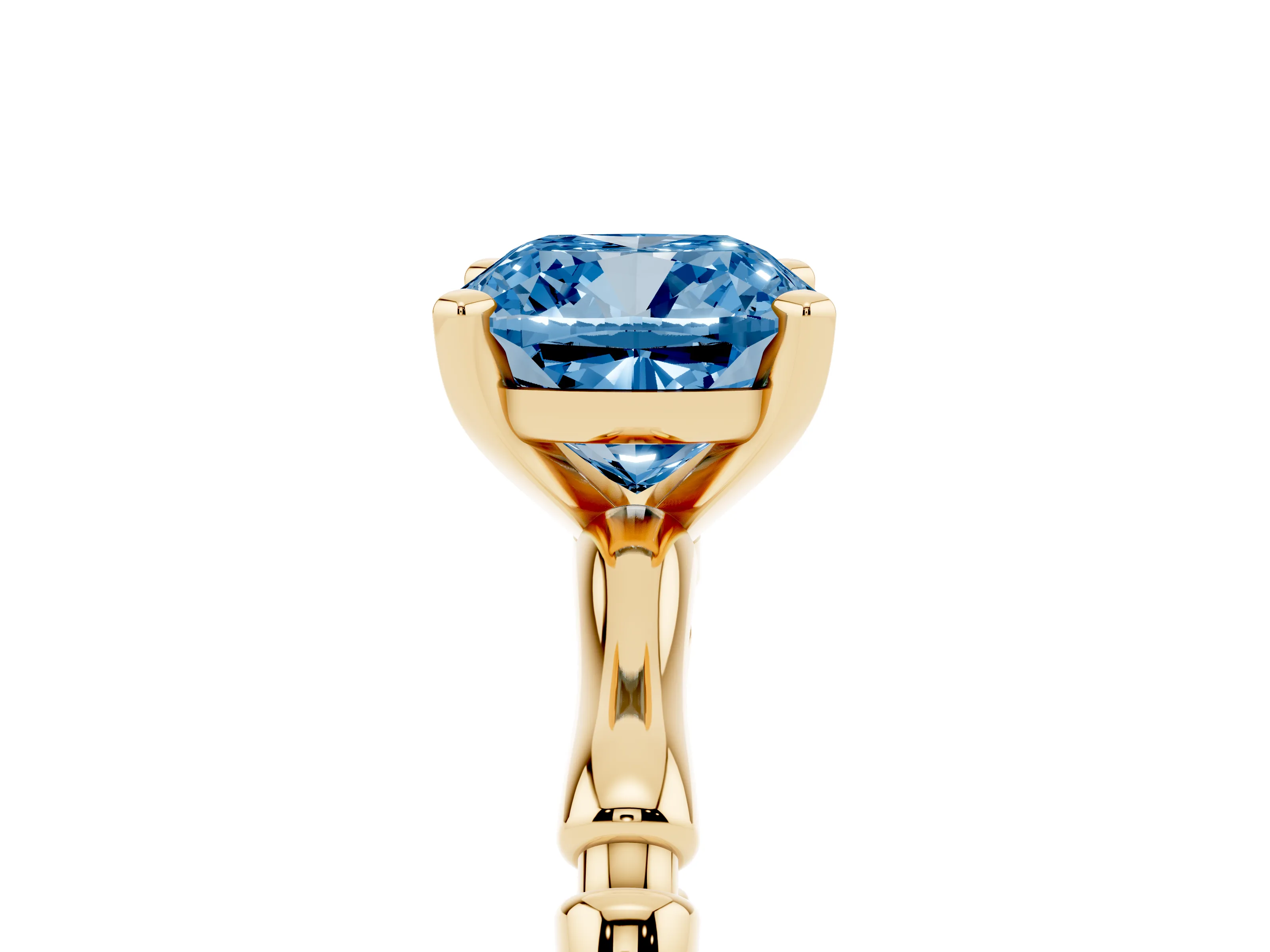 Fancy Blue Cushion Cut Diamond Solitaire Ring Set in Yellow gold with Bamboo Band and Prong Setting