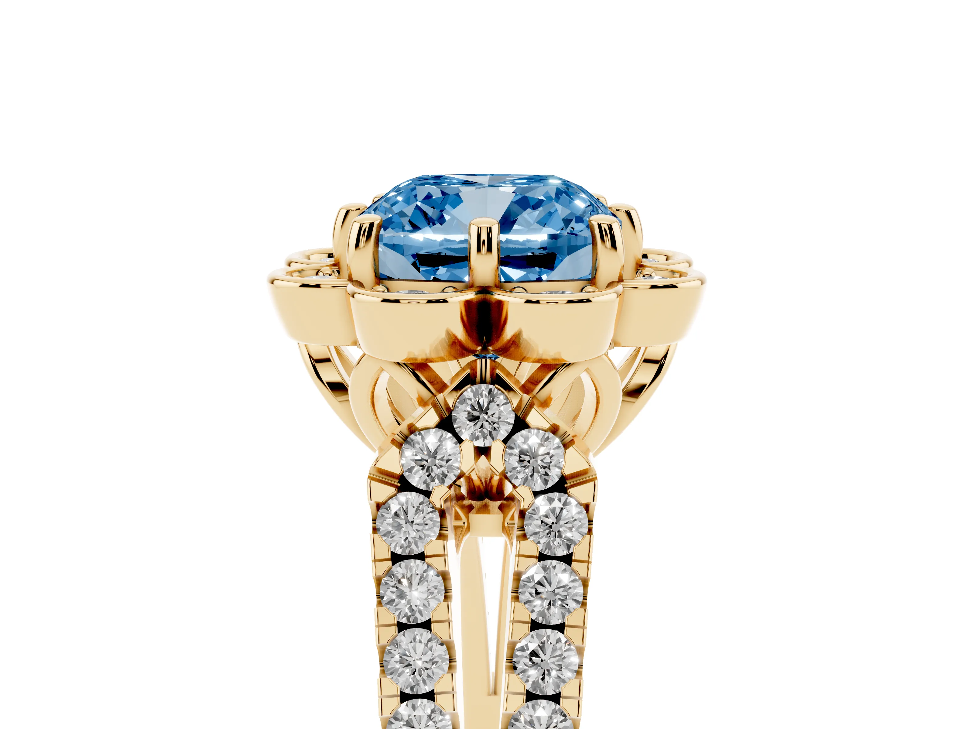 Fancy Blue Cushion Cut Diamond Floral Halo Split Shank Engagement Ring Set in Yellow gold with Pavé Shank