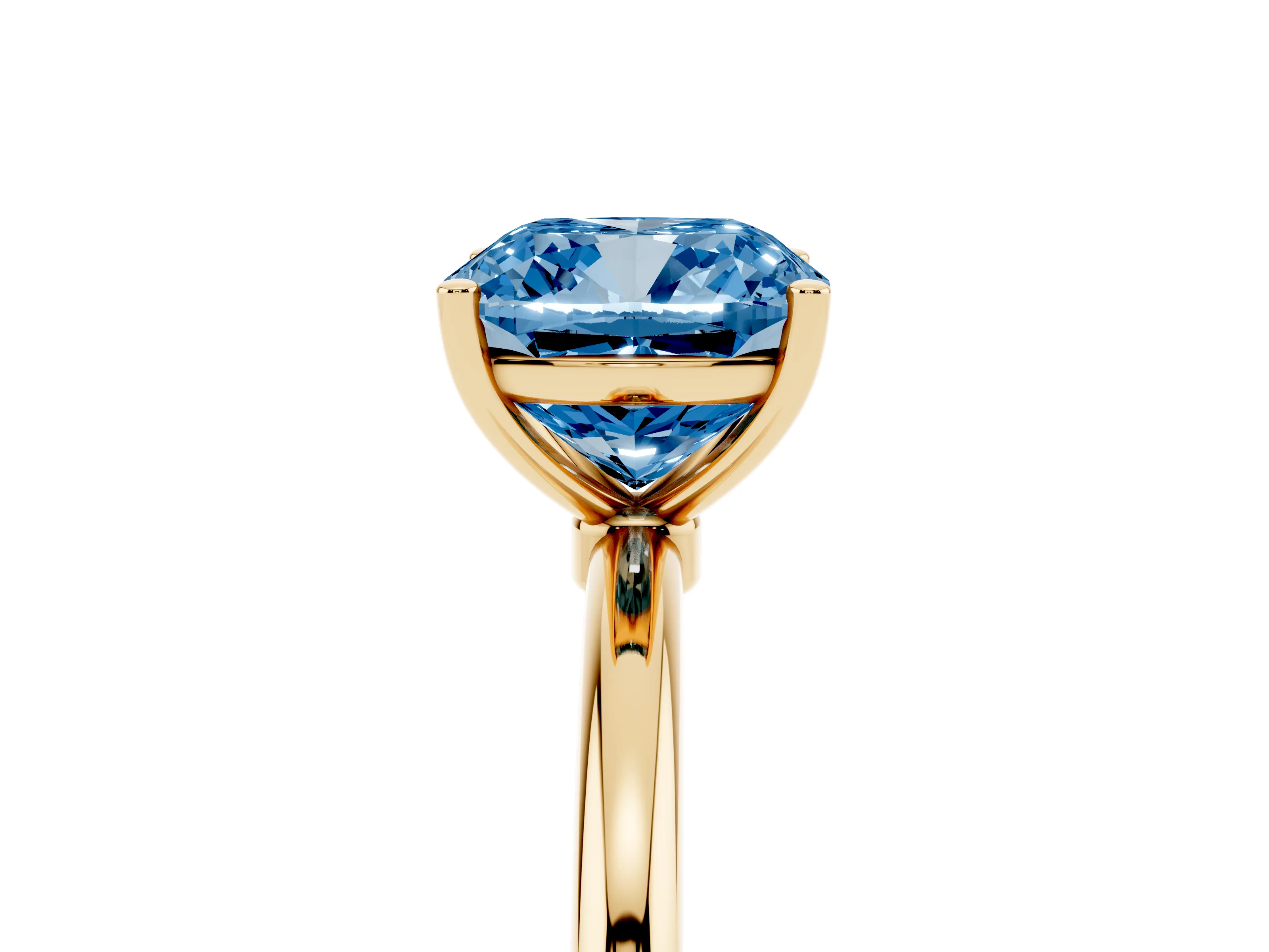 Fancy Blue Cushion Cut Diamond Solitaire Engagement Ring Set in Yellow gold with Thin Band and Prong Setting