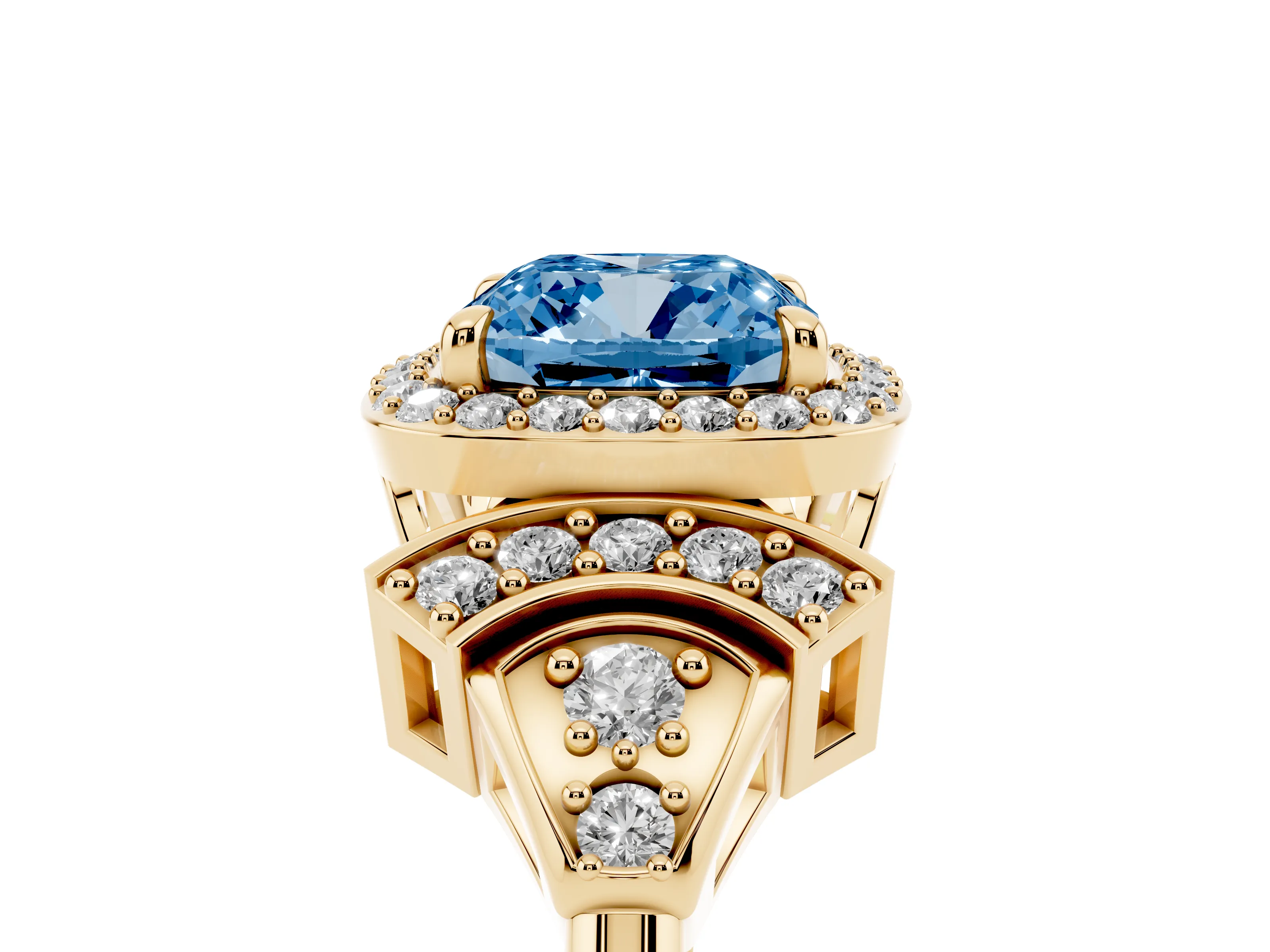 Fancy Blue Cushion Cut Diamond Halo Engagement Ring Set in Yellow gold with Accent Stone Split Shank