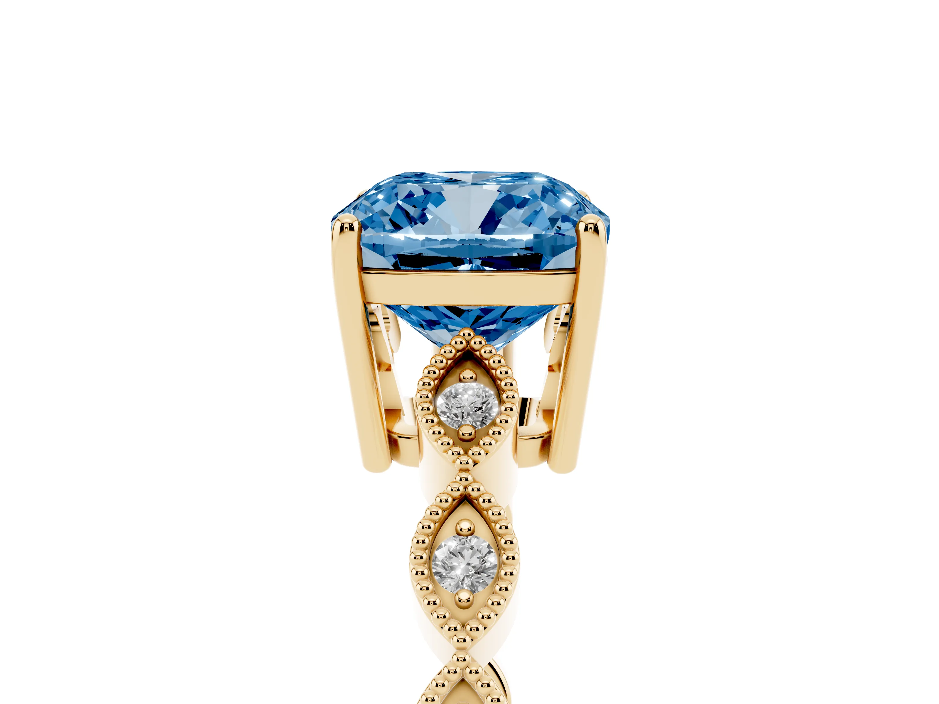 Fancy Blue Cushion Cut Diamond Solitaire Ring Set in Yellow gold with Infinity Twist Pavé Band