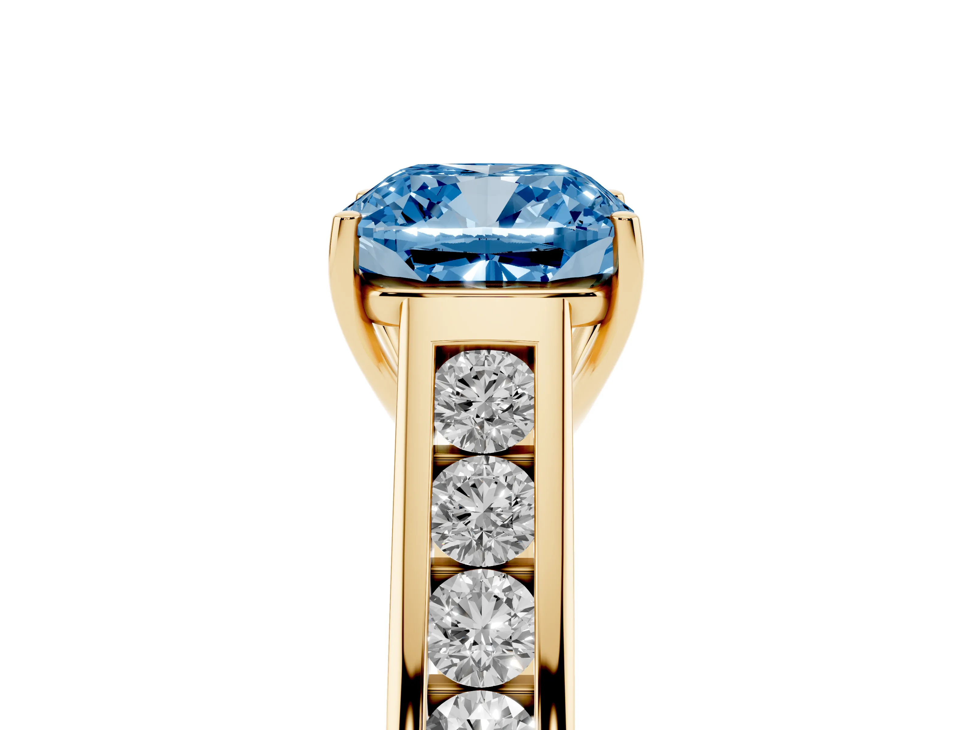 Fancy Blue Cushion Cut Diamond Brilliant Channel-Set Solitaire Ring Set in Yellow gold with Prong Setting