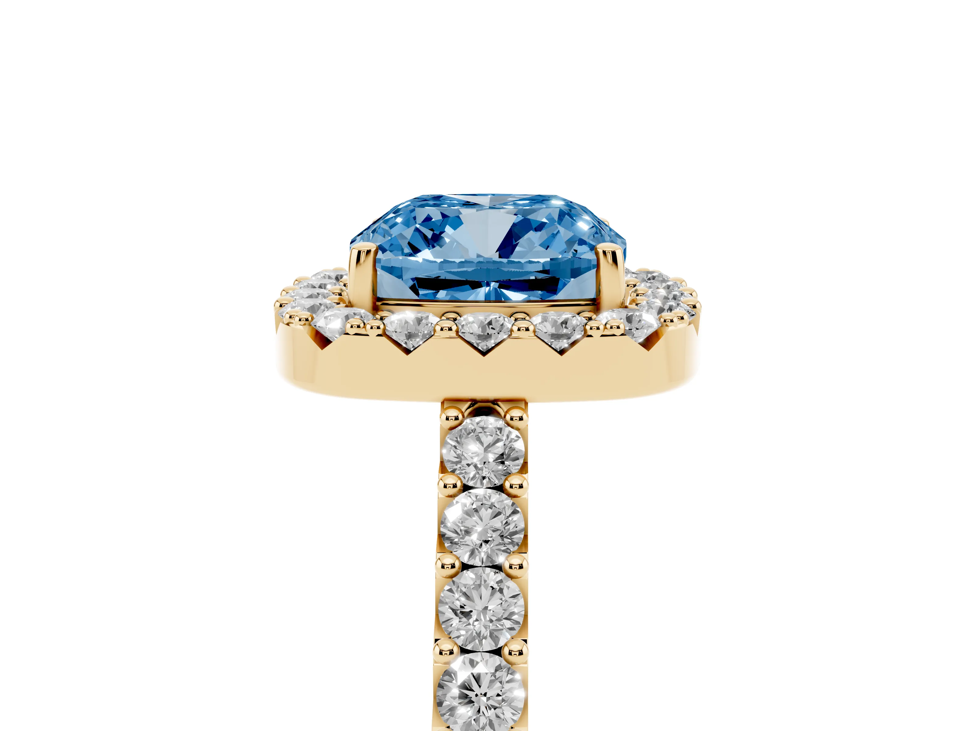 Fancy Blue Cushion Cut Diamond Halo Pavé Solitaire Ring Set in Yellow gold with Prong-Set Center Stone