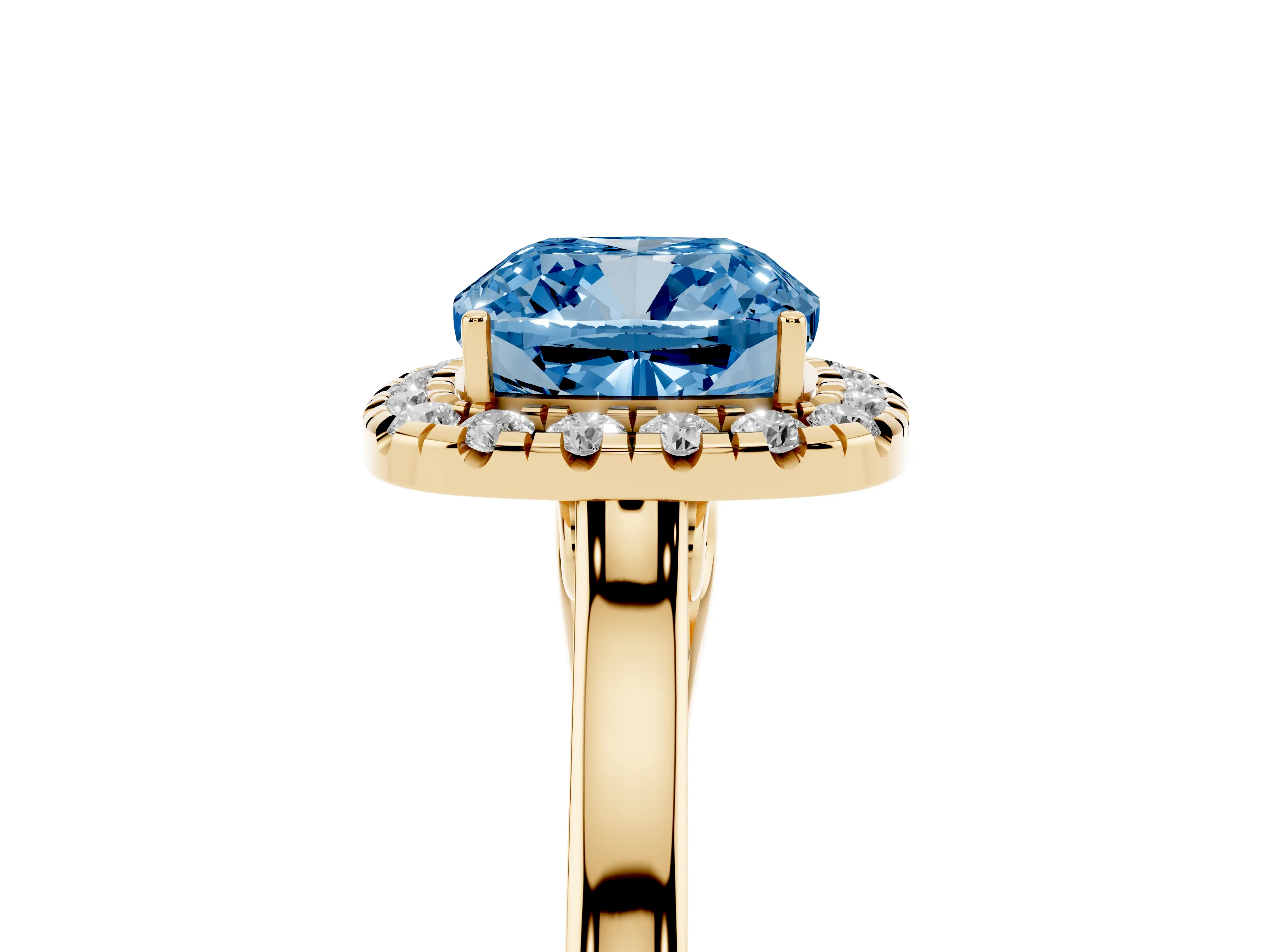 Fancy Blue Cushion Cut Halo Round Diamond Solitaire Ring Set in Yellow gold with Pavé Band and Prong Setting