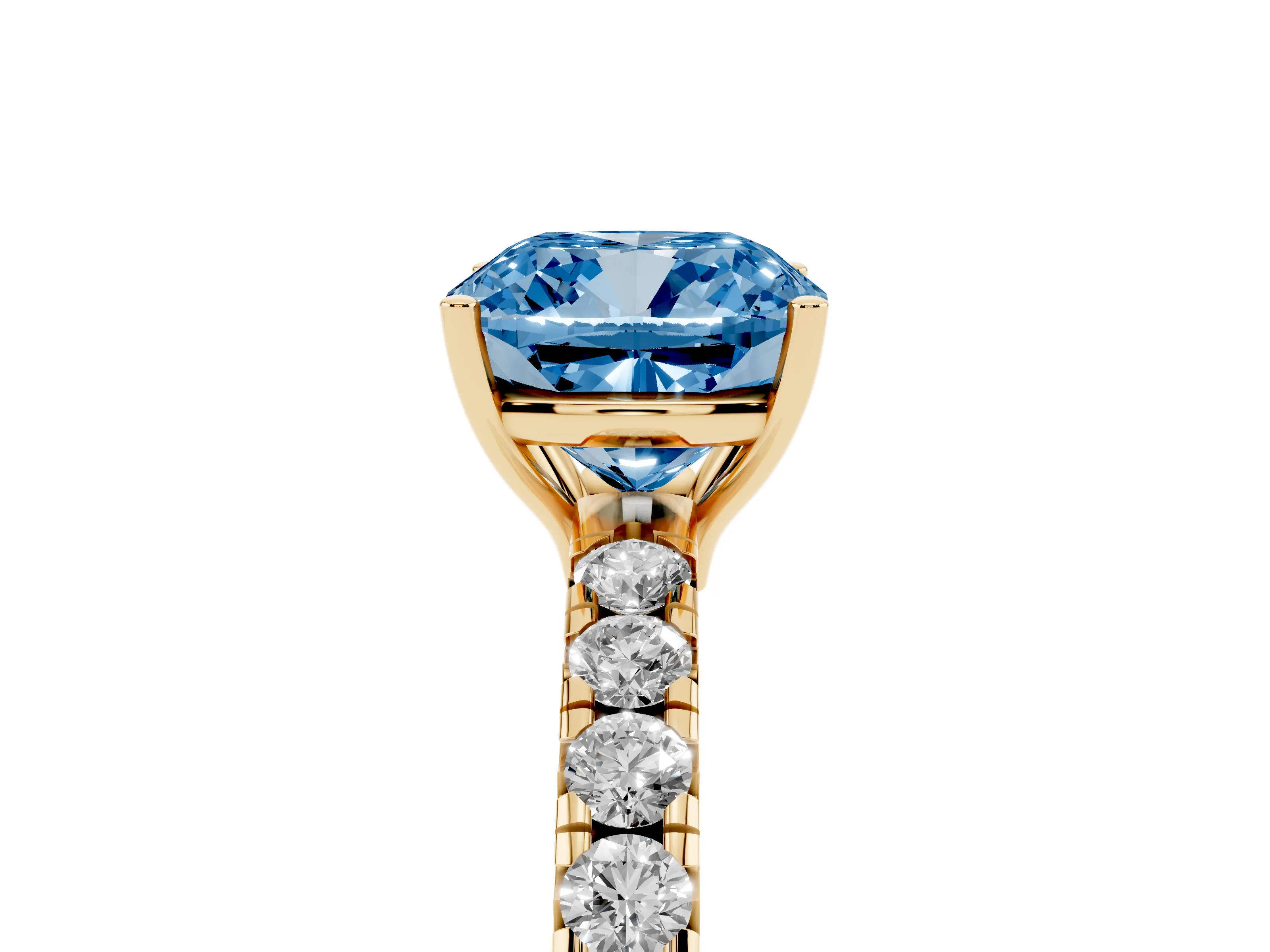 Fancy Blue Cushion Cut Diamond Pavé Solitaire Engagement Ring Set in Yellow gold with Prong Setting