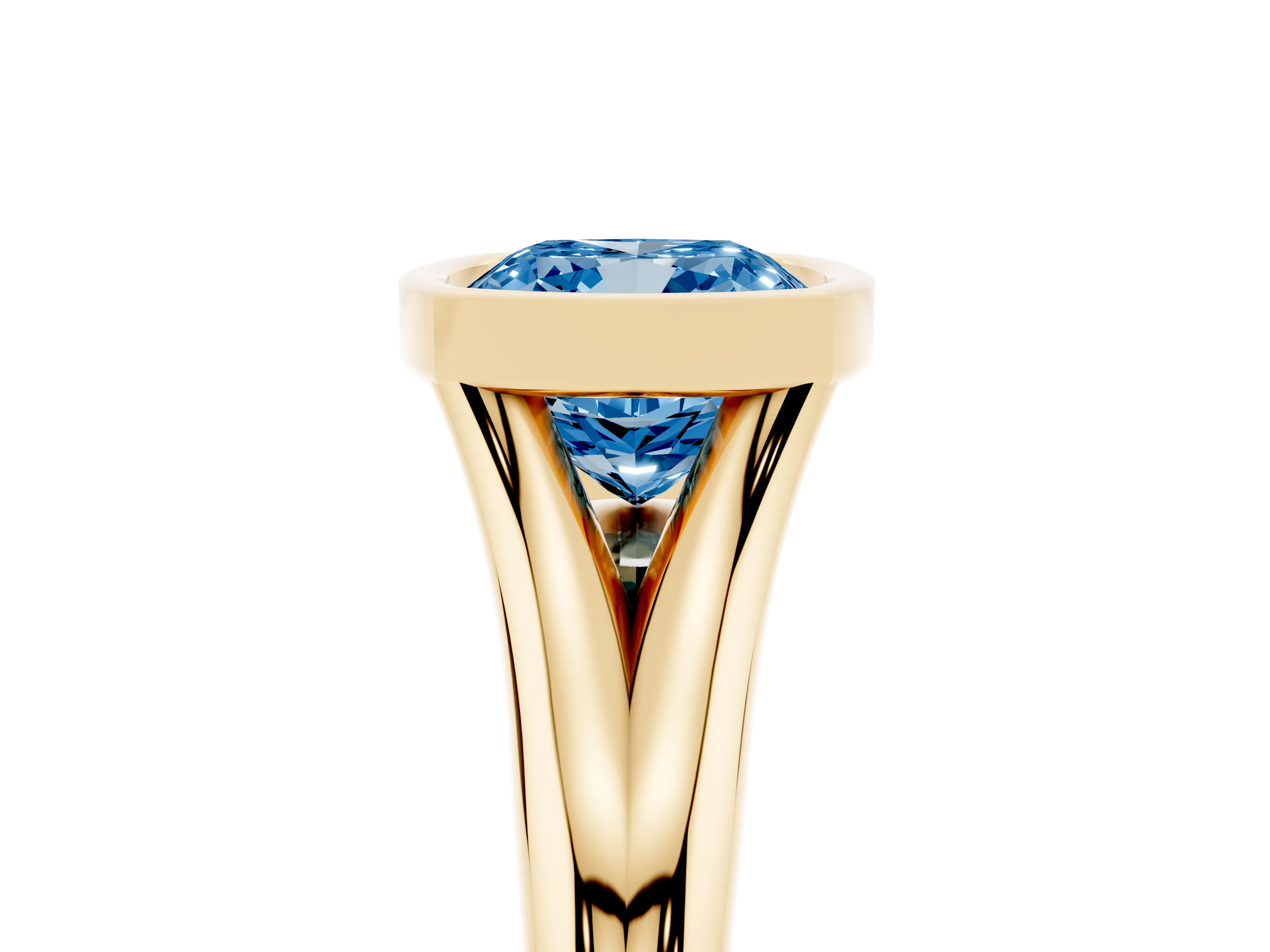 Fancy Blue Bezel Set Cushion Cut Diamond Solitaire Ring Set in Yellow gold with Smooth Band