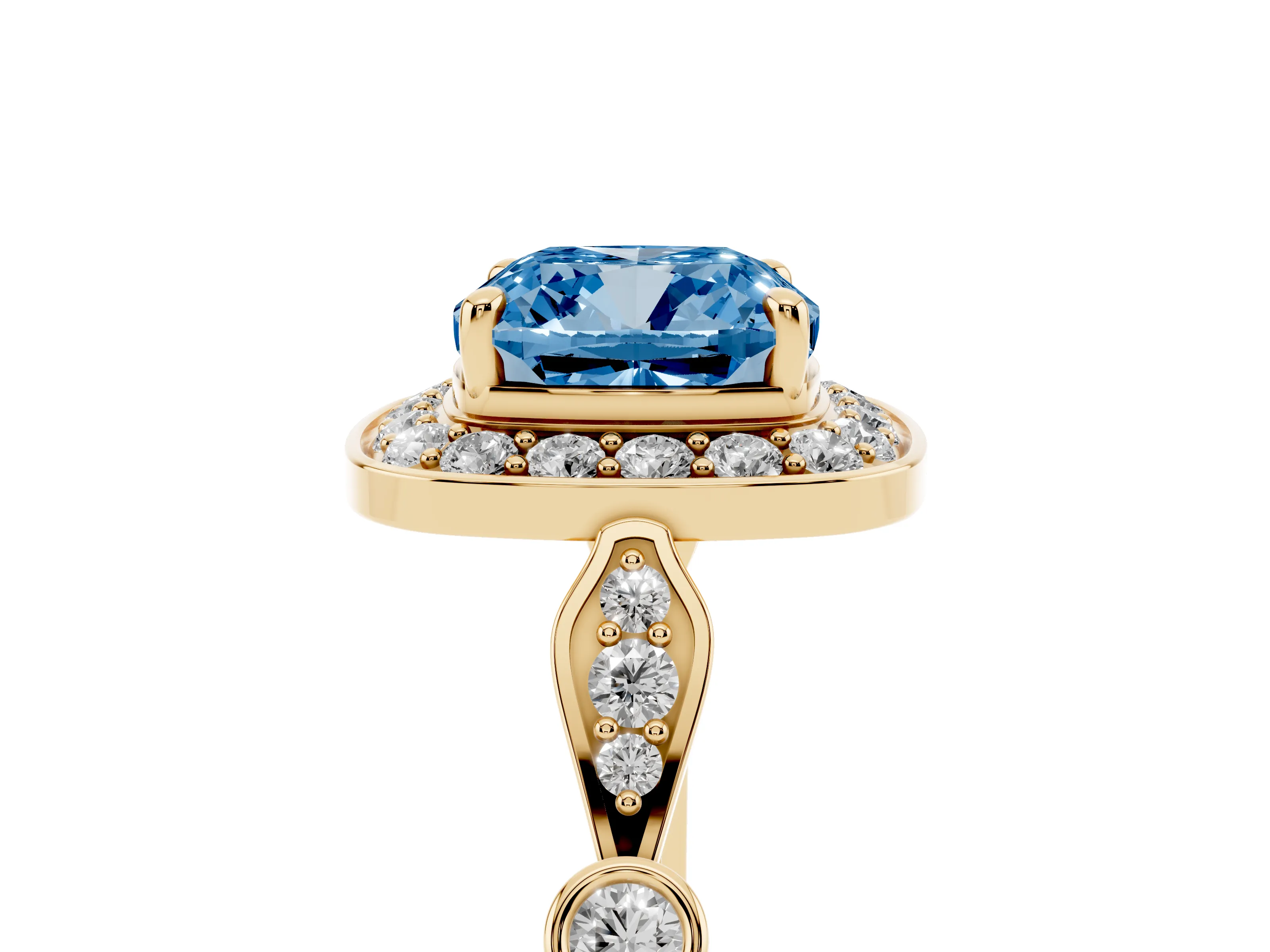 Fancy Blue Cushion Cut Diamond Halo Engagement Ring Set in Yellow gold with Twisted Band and Prong Setting
