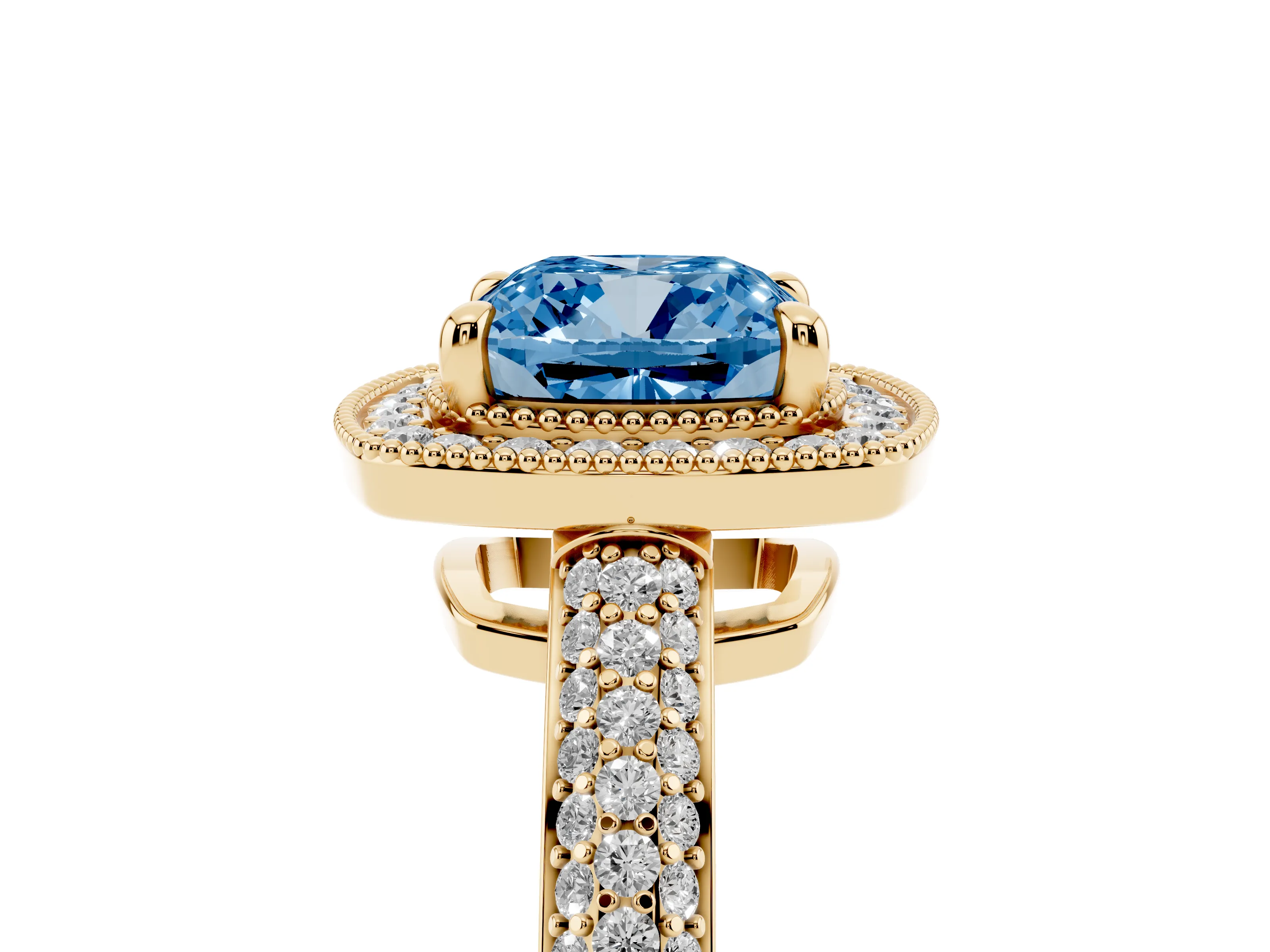 Fancy Blue Cushion Cut Diamond Halo Pavé Band Set in Yellow gold with Prong Setting