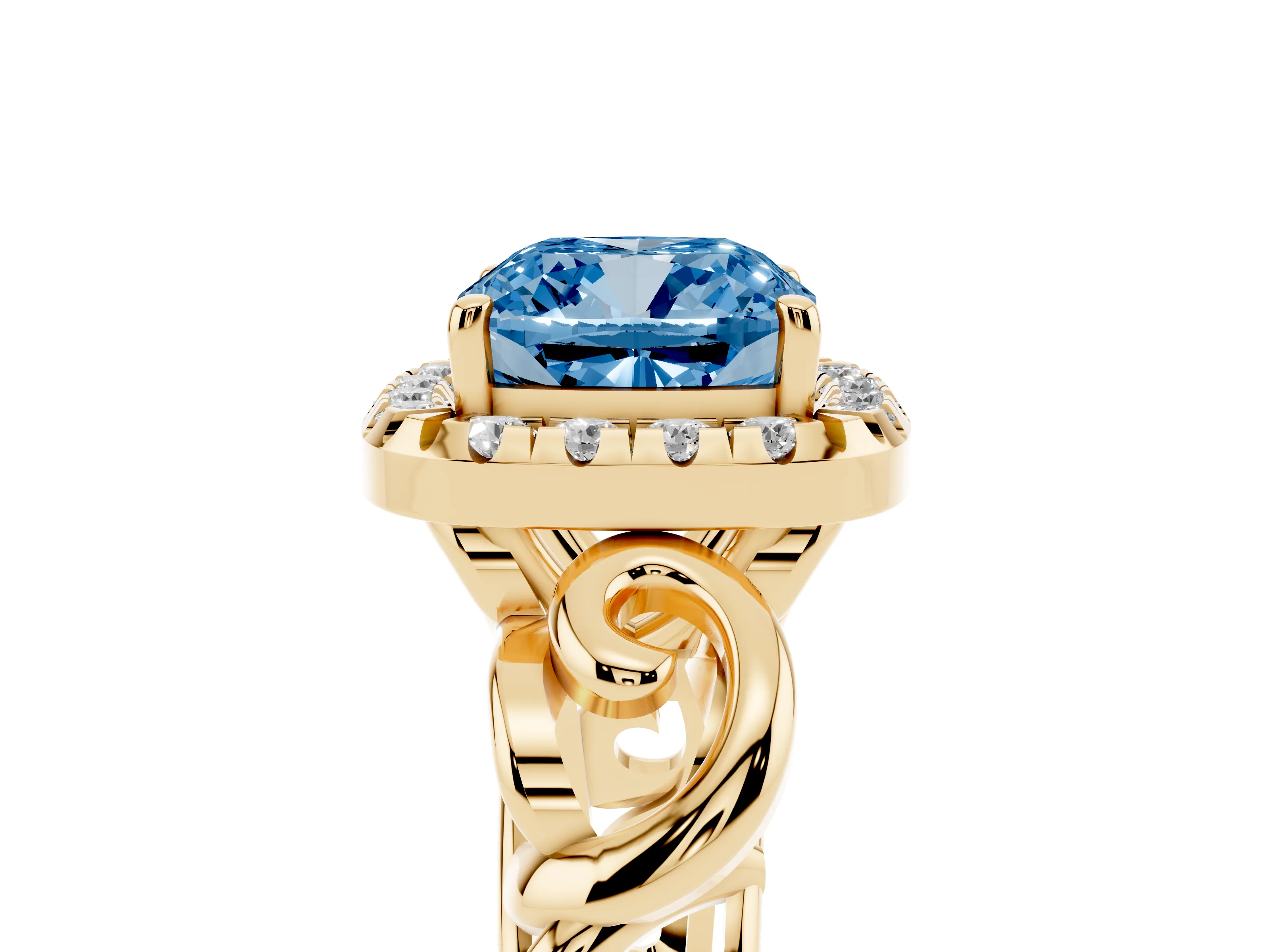 Fancy Blue Cushion Cut Diamond Halo Ring Set in Yellow gold with Scrollwork Band and Prong Setting