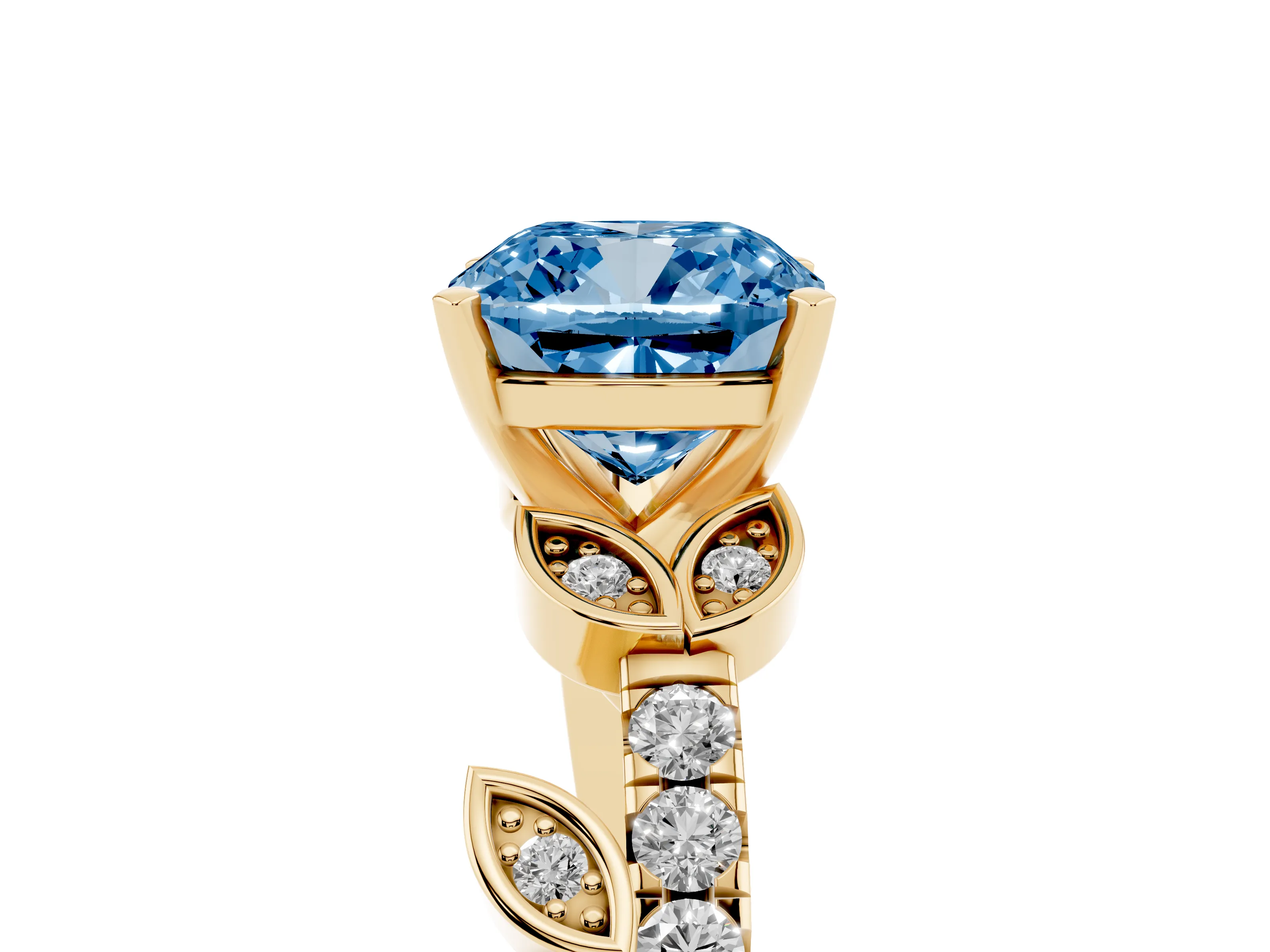 Fancy Blue Cushion Cut Diamond Solitaire Leaf-Inspired Ring Set in Yellow gold with Pavé Band and Prong Setting