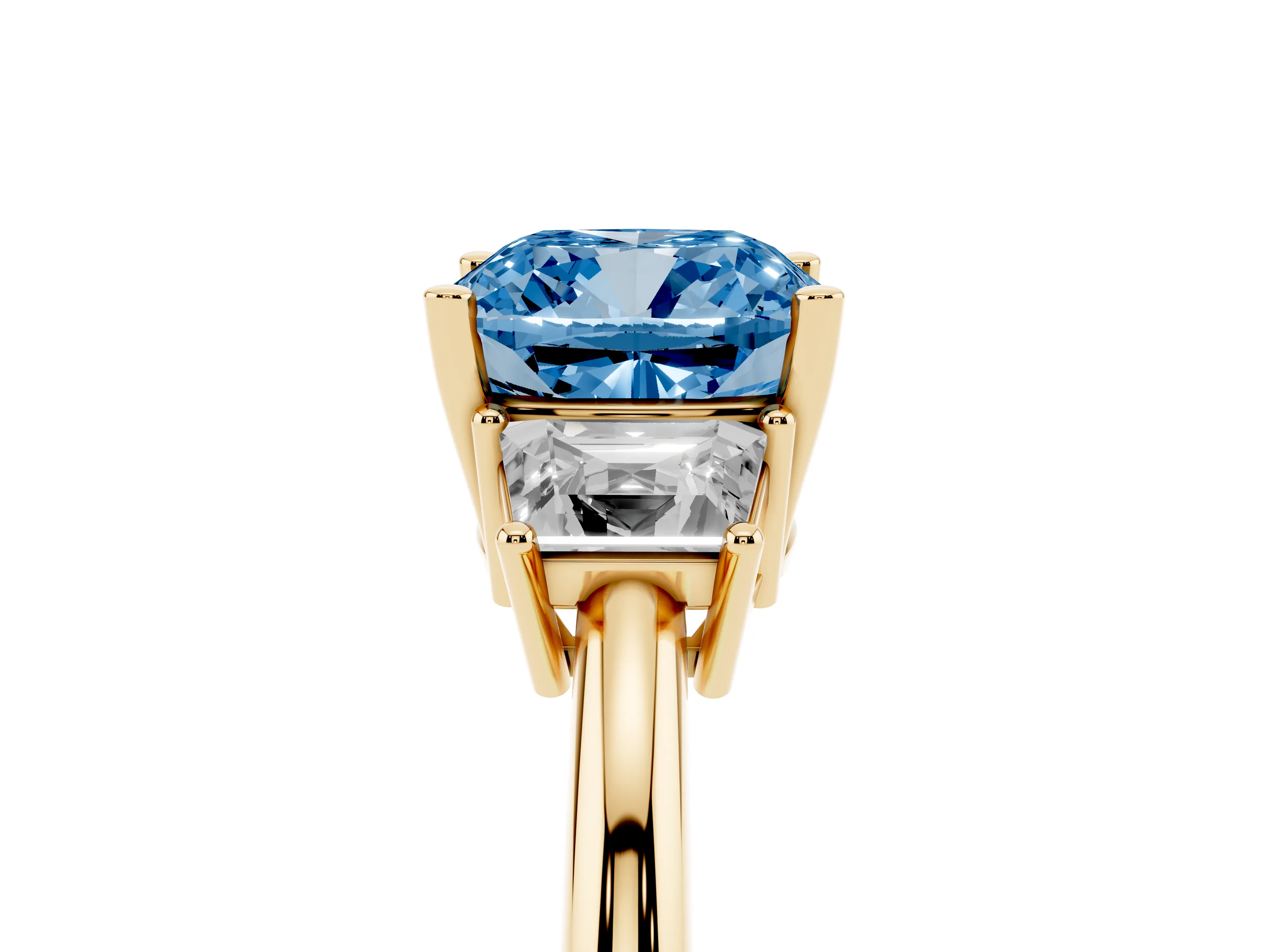Fancy Blue Cushion Cut Diamond Three-Stone Ring Set in Yellow gold with Trapezoid Side Stones and Prong Setting