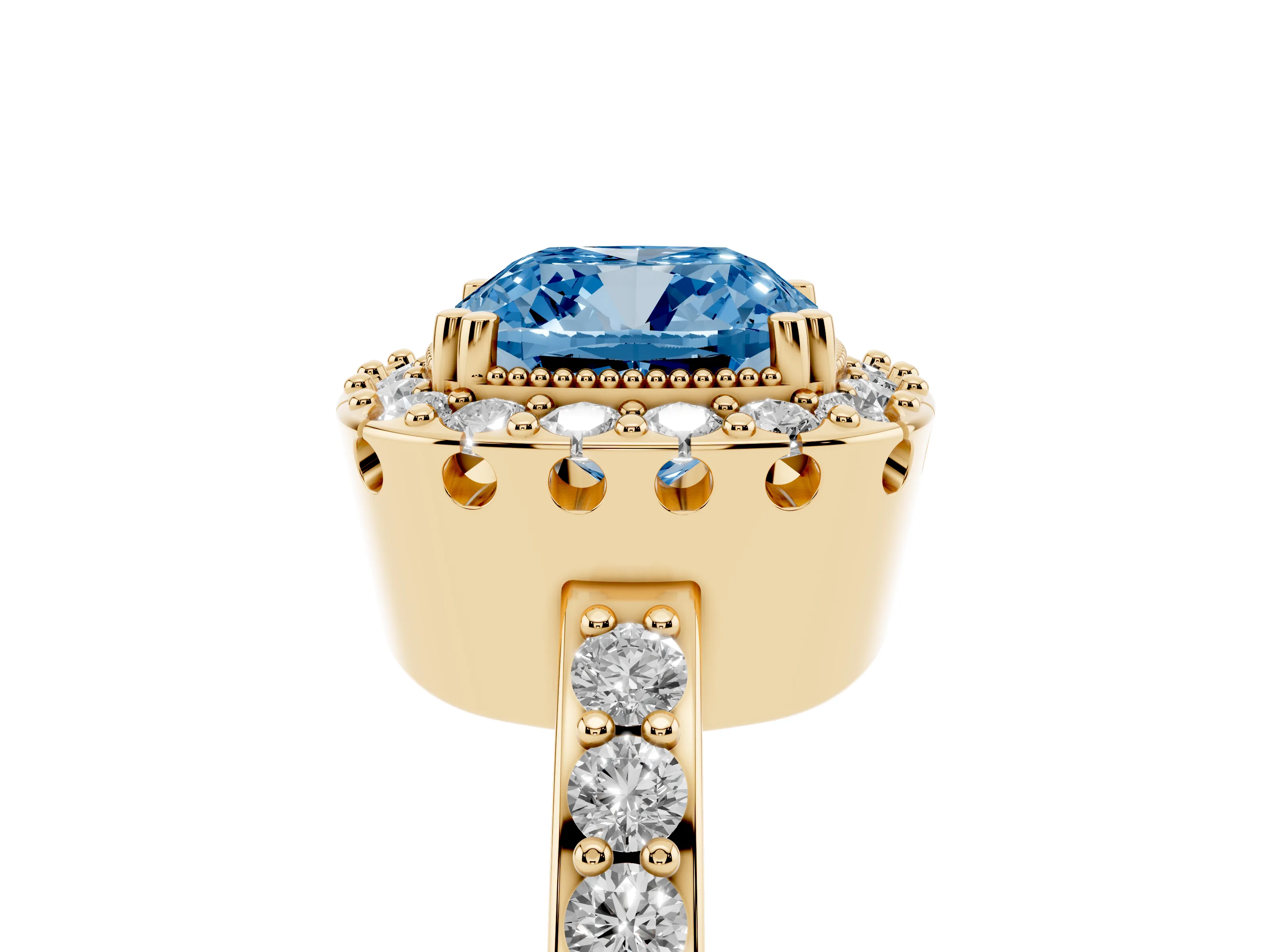 Fancy Blue Cushion Cut Diamond Halo Ring Set in Yellow gold with Pavé Shank and Prong Setting