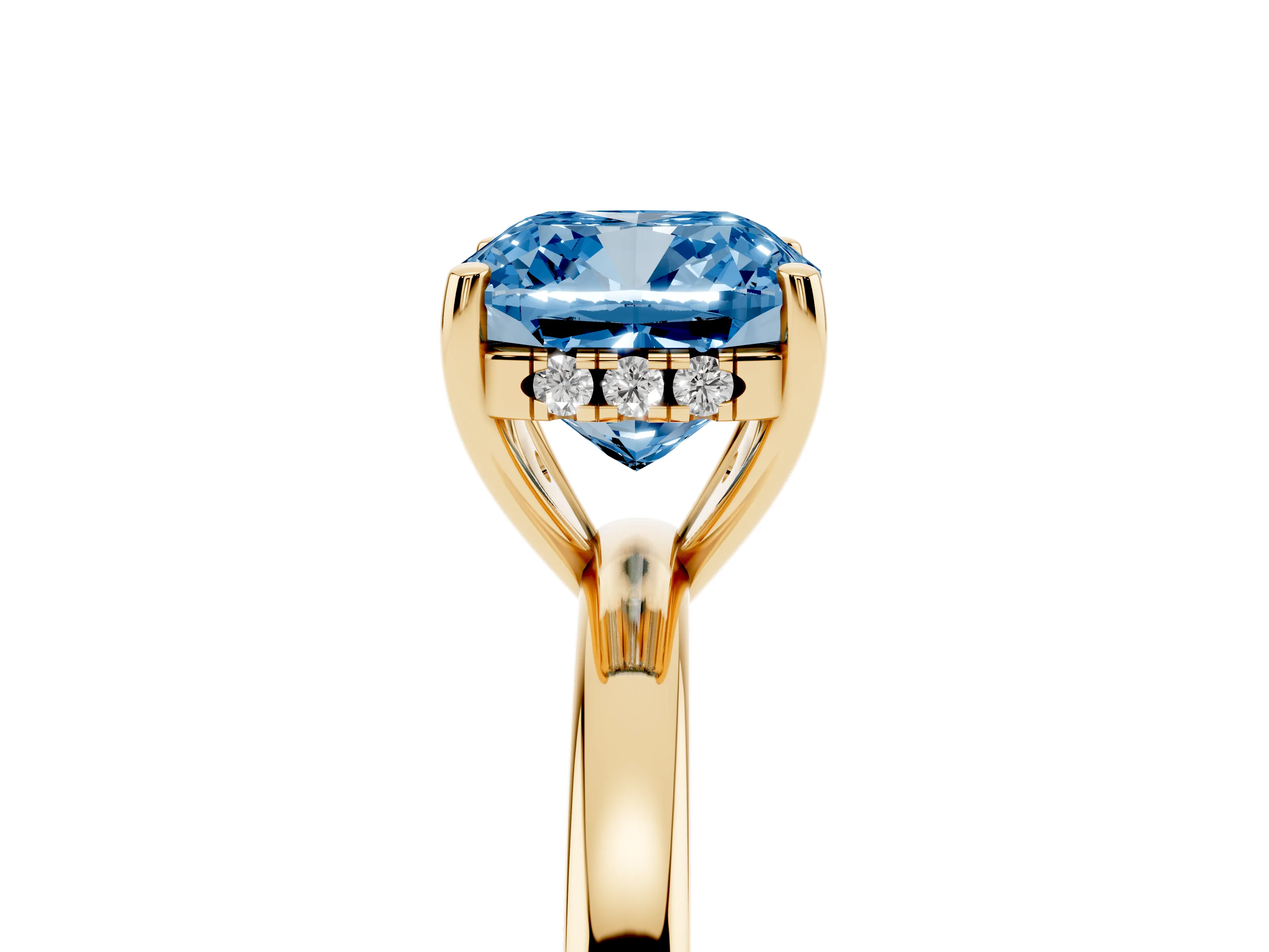 Fancy Blue Cushion Cut Diamond Solitaire Ring Set in Yellow gold with Plain Band and Prong Setting