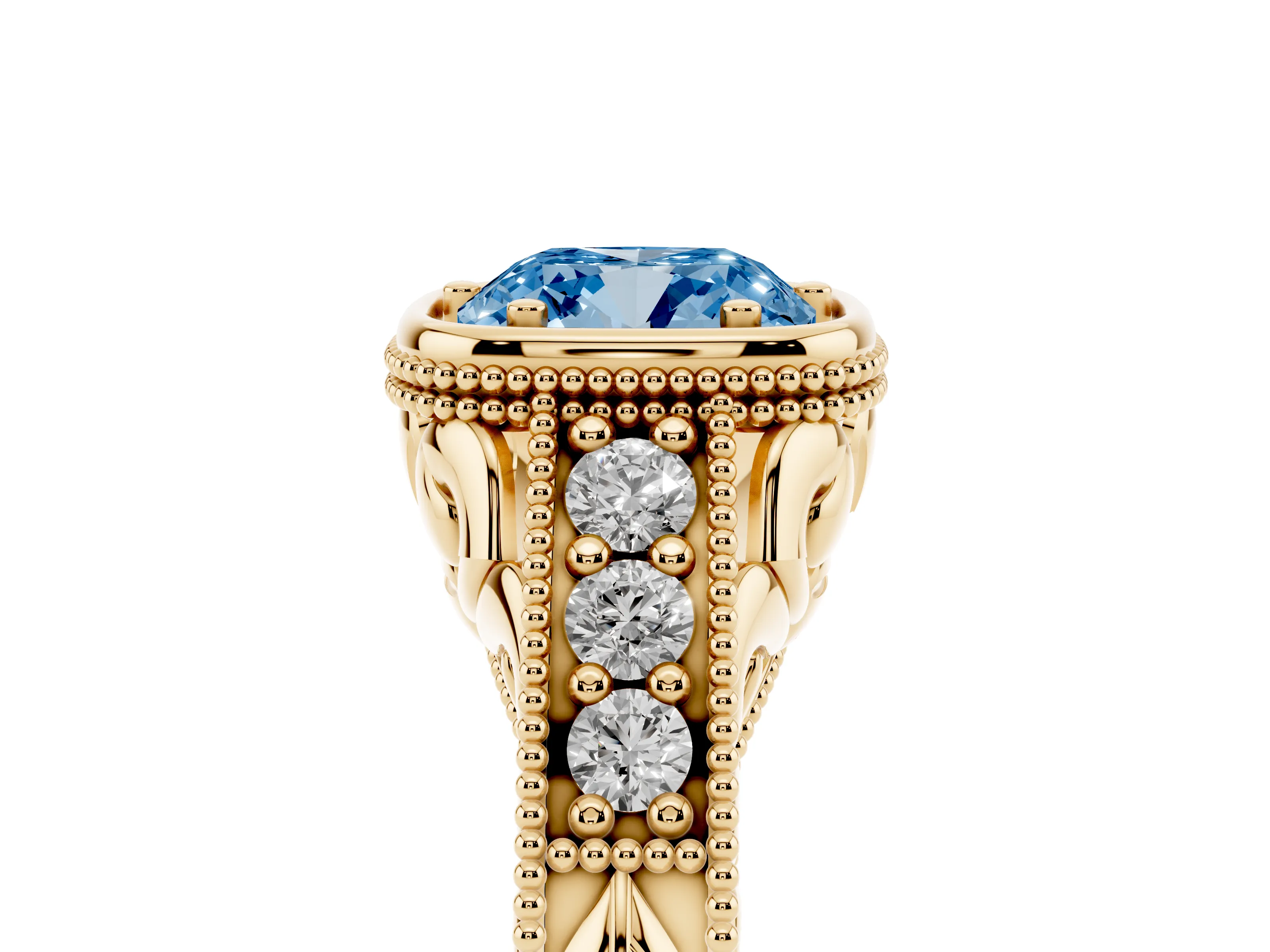 Fancy Blue Bezel Set Cushion Cut Diamond Milgrain Pavé Engagement Ring Set in Yellow gold