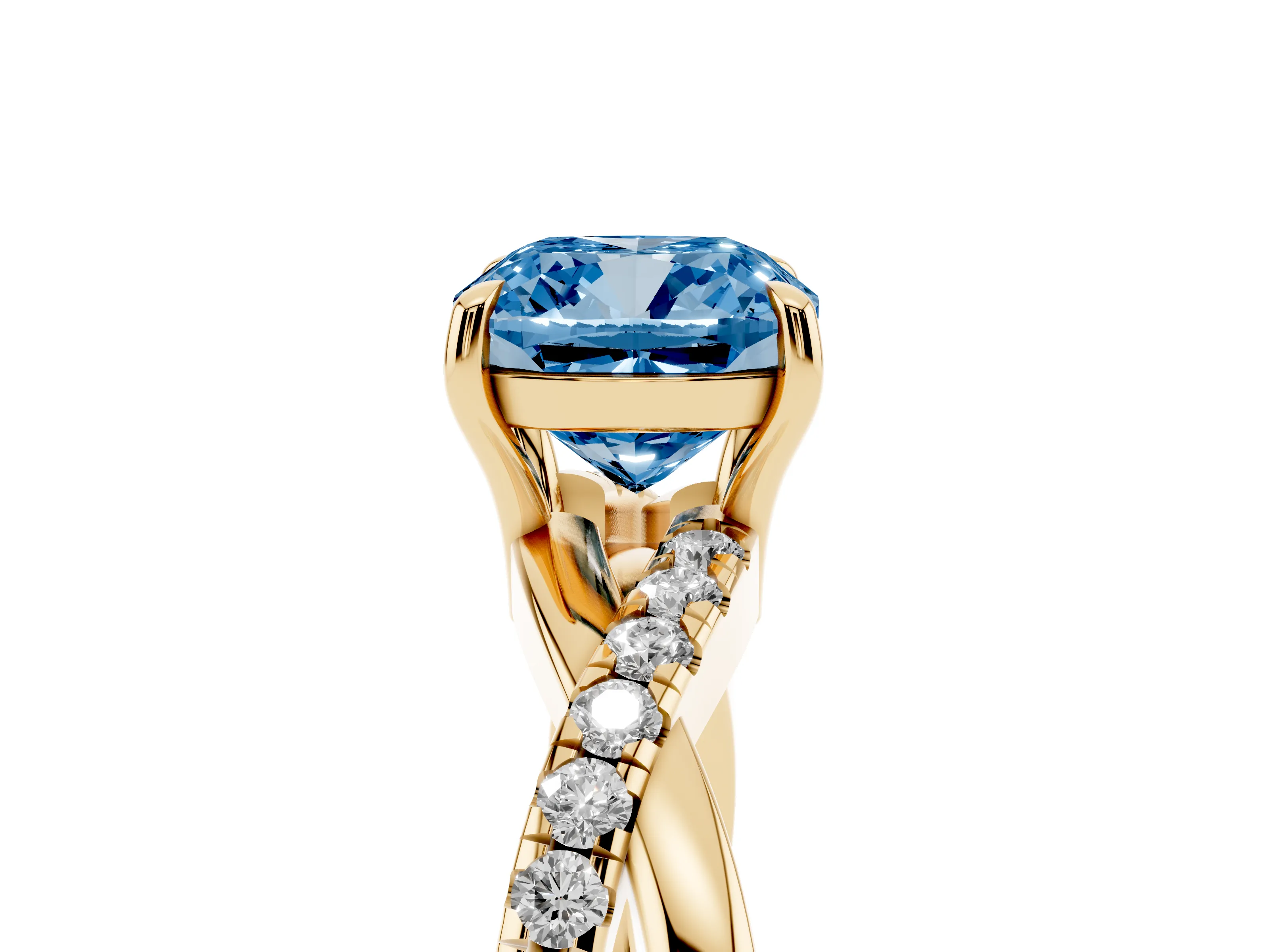 Fancy Blue Cushion Cut Diamond Twisted Pavé Band Ring Set in Yellow gold with Prong Setting