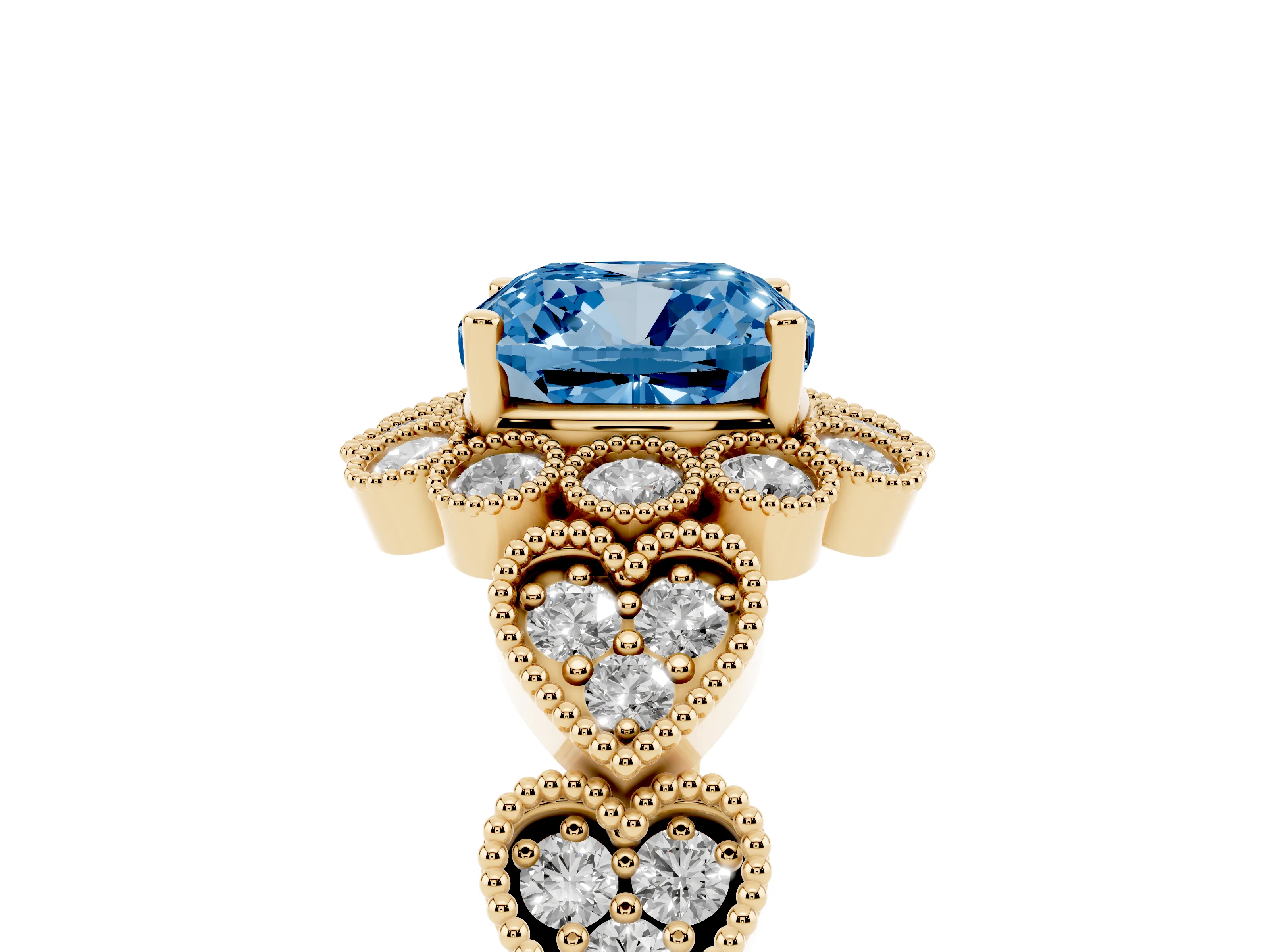 Fancy Blue Cushion Cut Diamond Solitaire Ring Set in Yellow gold with Milgrain Pavé Heart Band