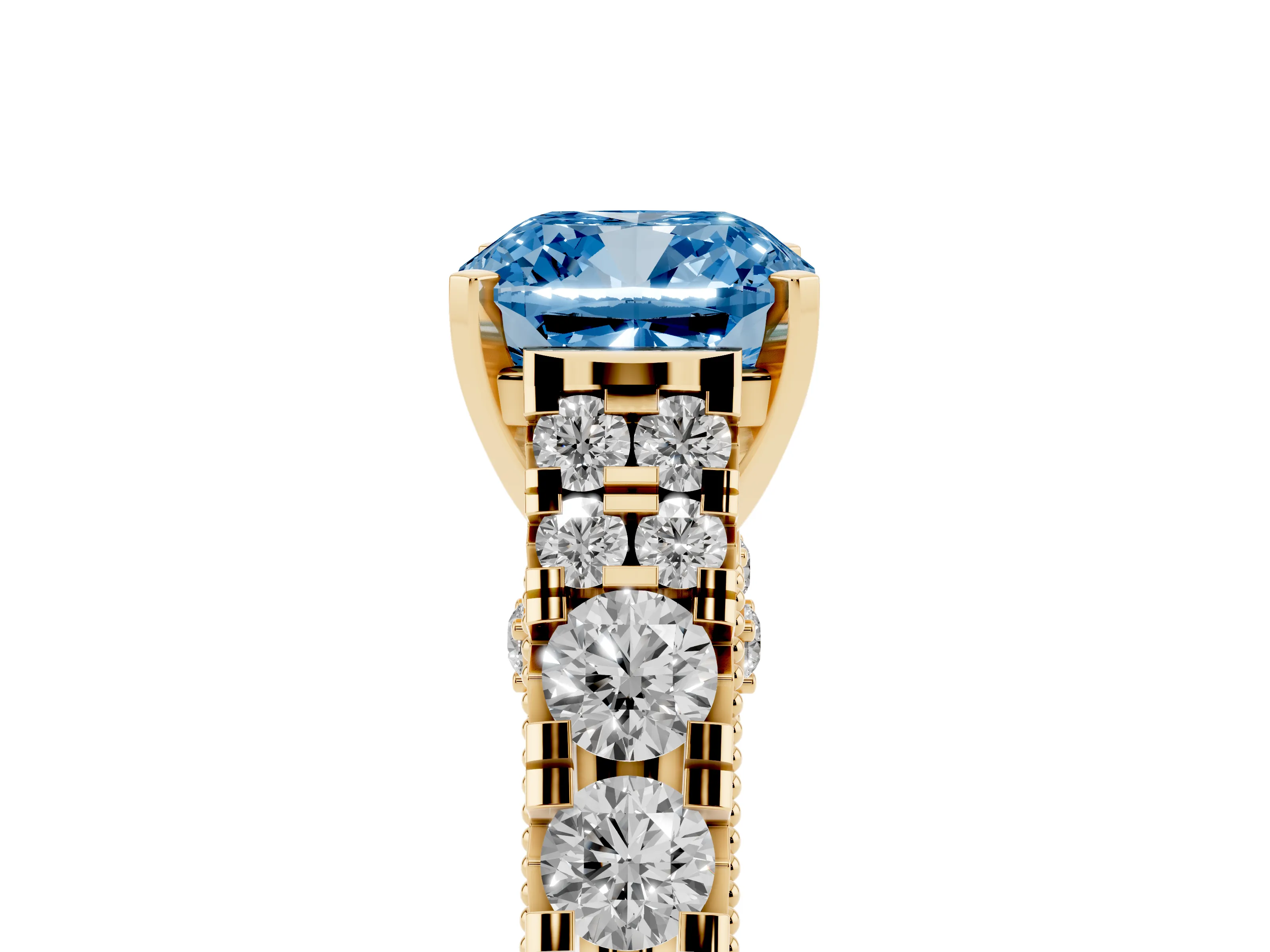 Fancy Blue Cushion Cut Diamond Classic Solitaire Ring Set in Yellow gold with Pavé Band and Prong Setting