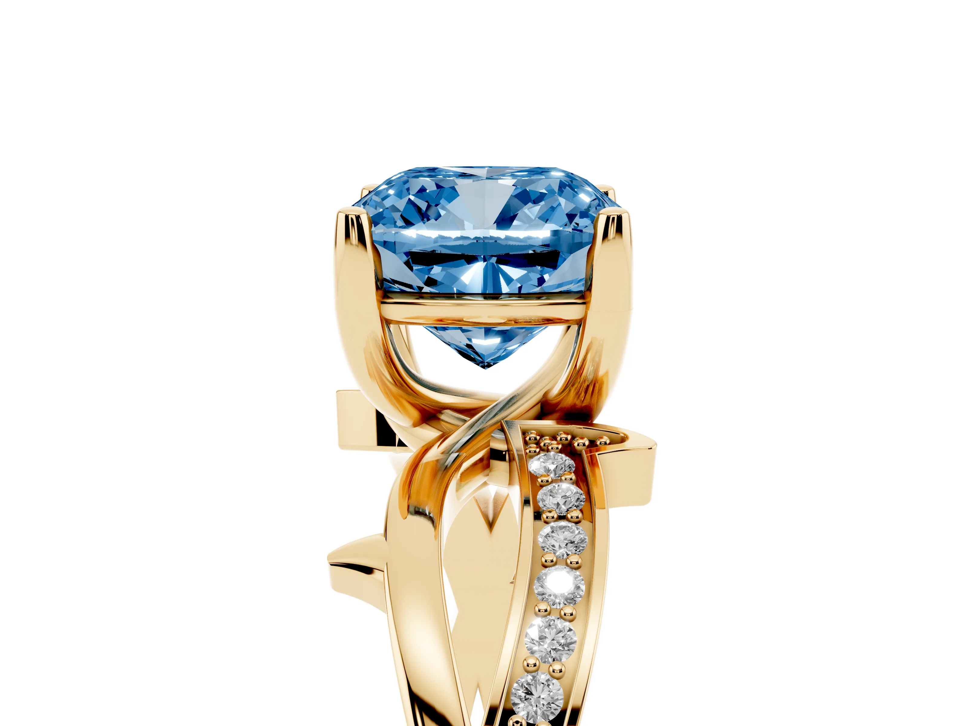 Fancy Blue Cushion Cut Diamond Pavé Twist Band Solitaire Ring Set in Yellow gold with Prong Setting