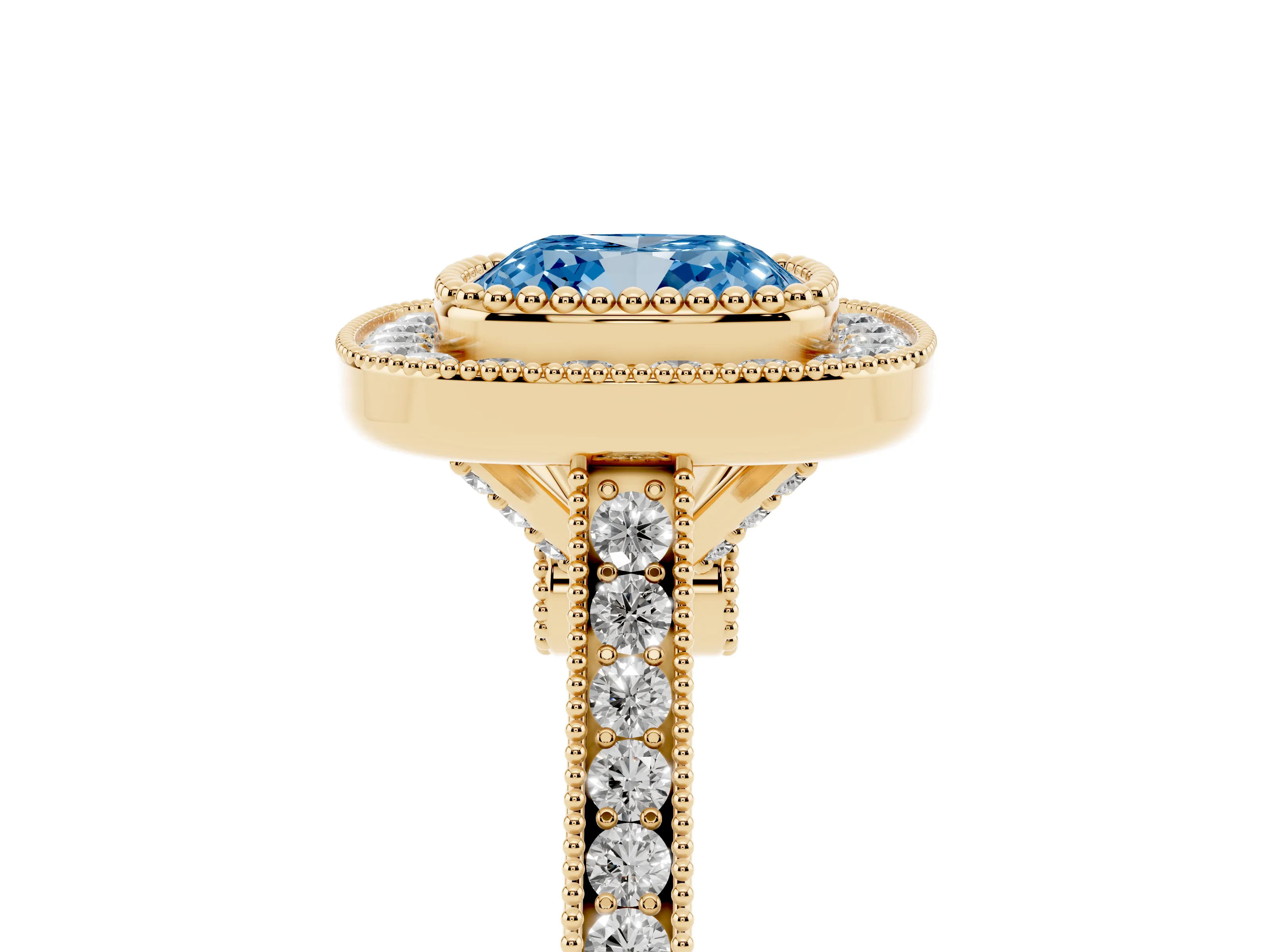 Fancy Blue Cushion Cut Diamond Halo Ring Set in Yellow gold with Milgrain Frame and Pavé Band