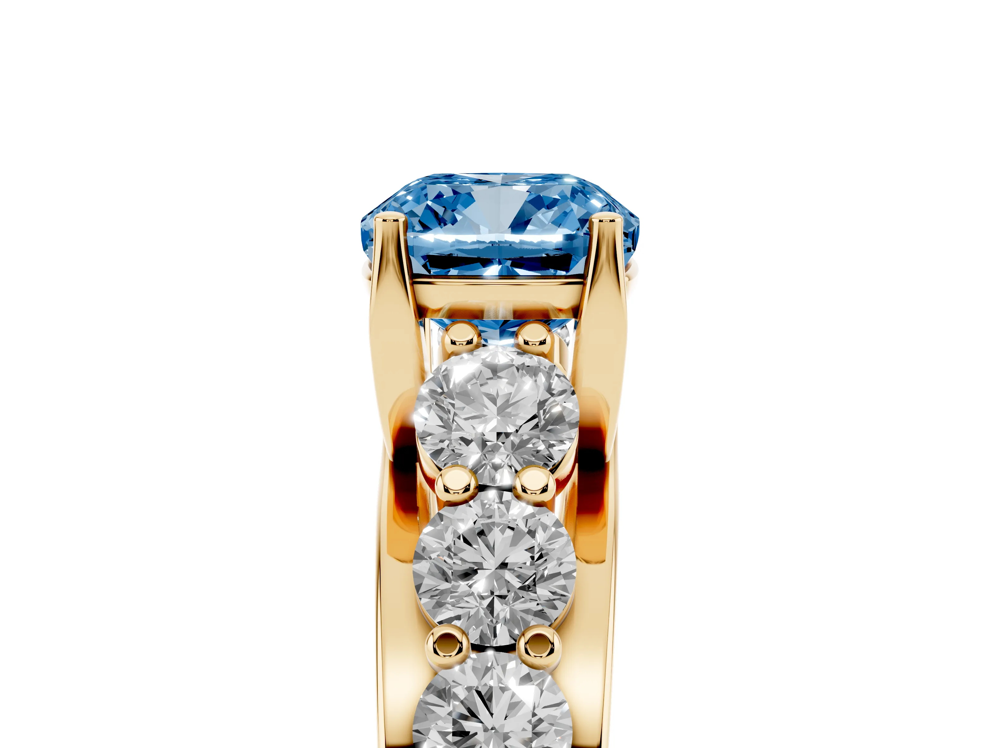 Fancy Blue Cushion Cut Diamond Pavé Engagement Ring Set in Yellow gold with Prong Setting
