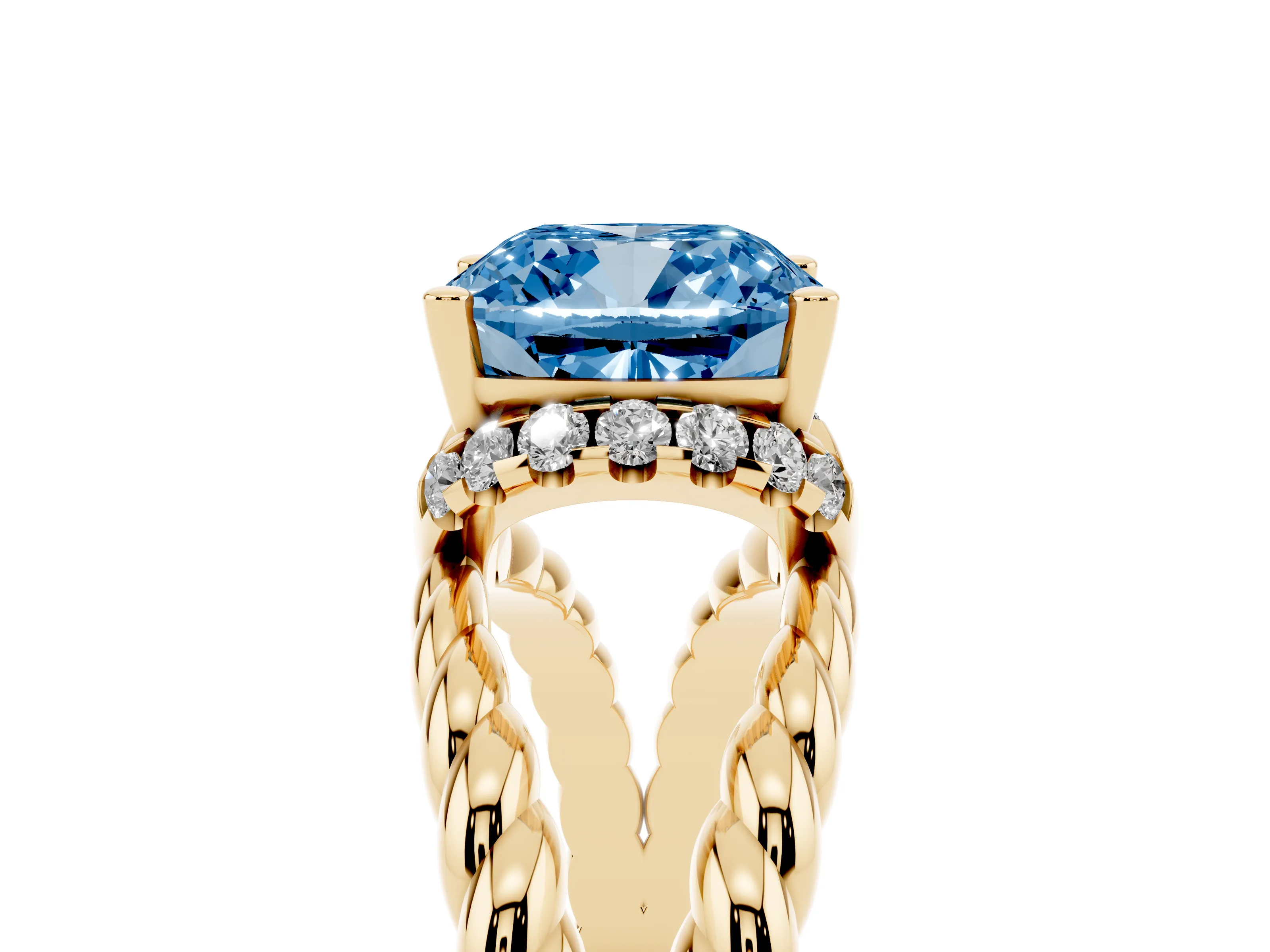 Fancy Blue Cushion Cut Diamond Halo Ring Set in Yellow gold with Twisted Band and Prong Setting