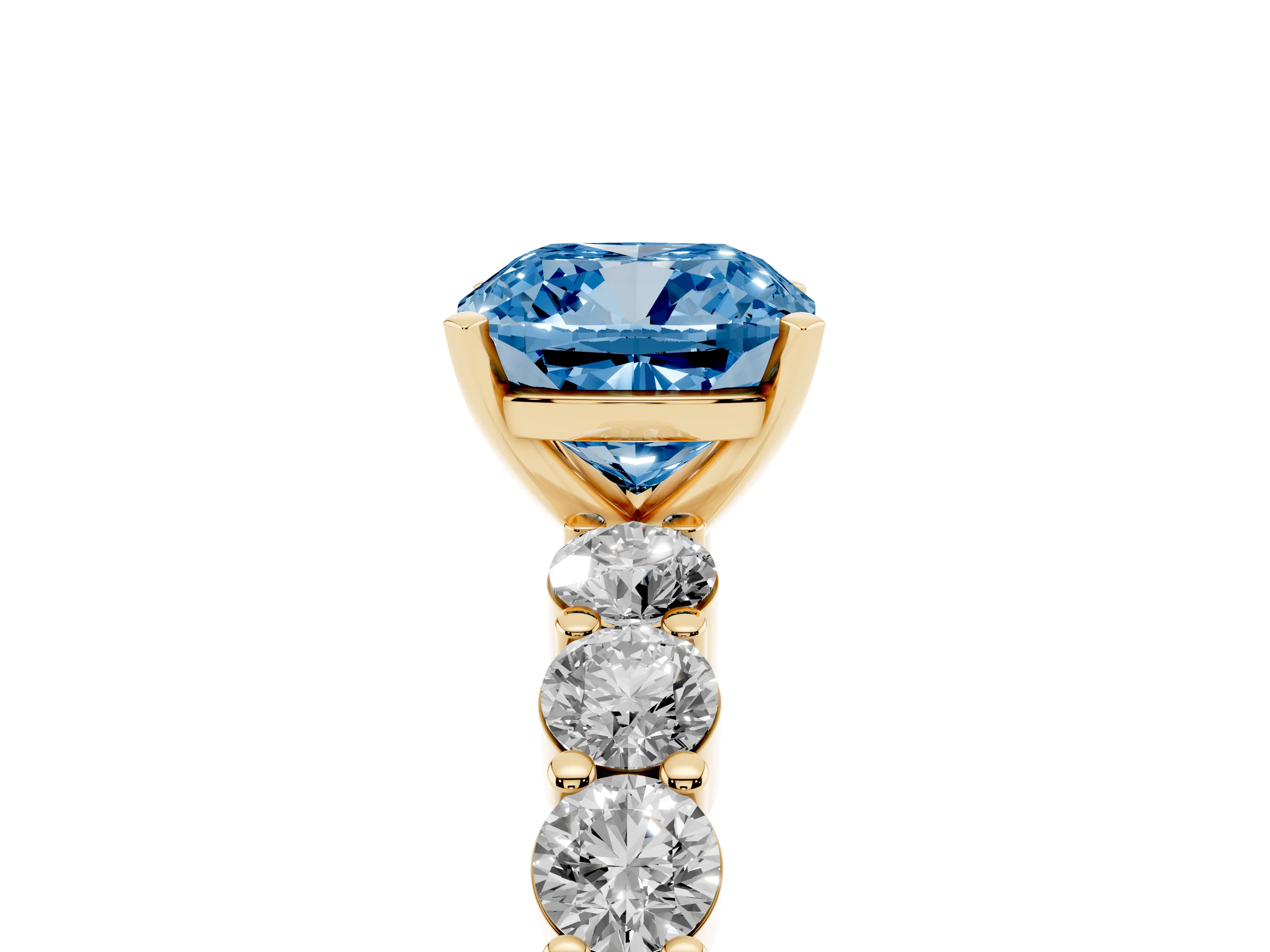 Fancy Blue Cushion Cut Diamond Solitaire Ring Set in Yellow gold with Shared Prong Round Side Stones
