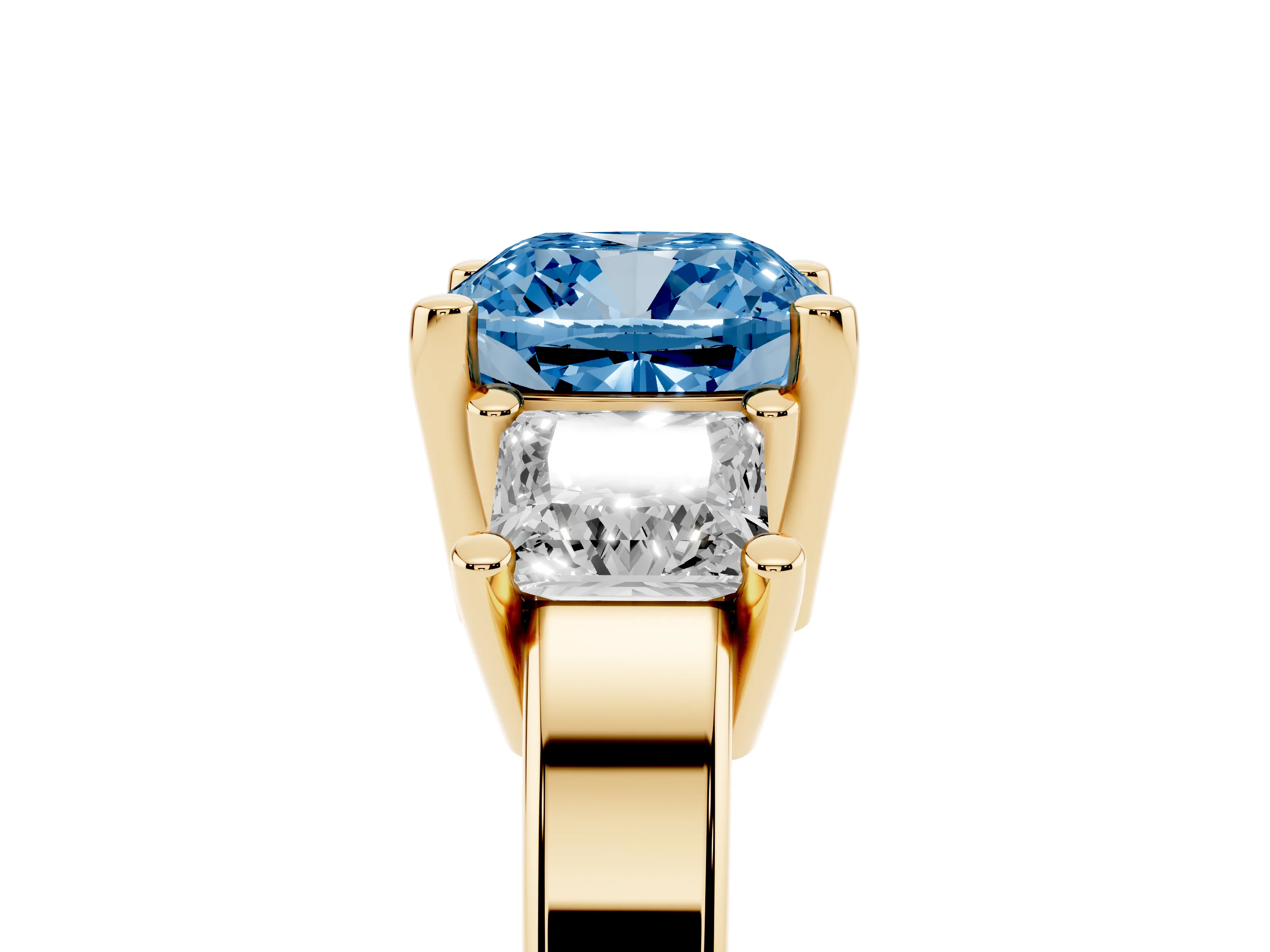 Fancy Blue Three-Stone Cushion Cut Diamond Solitaire Ring Set in Yellow gold with Prong Setting