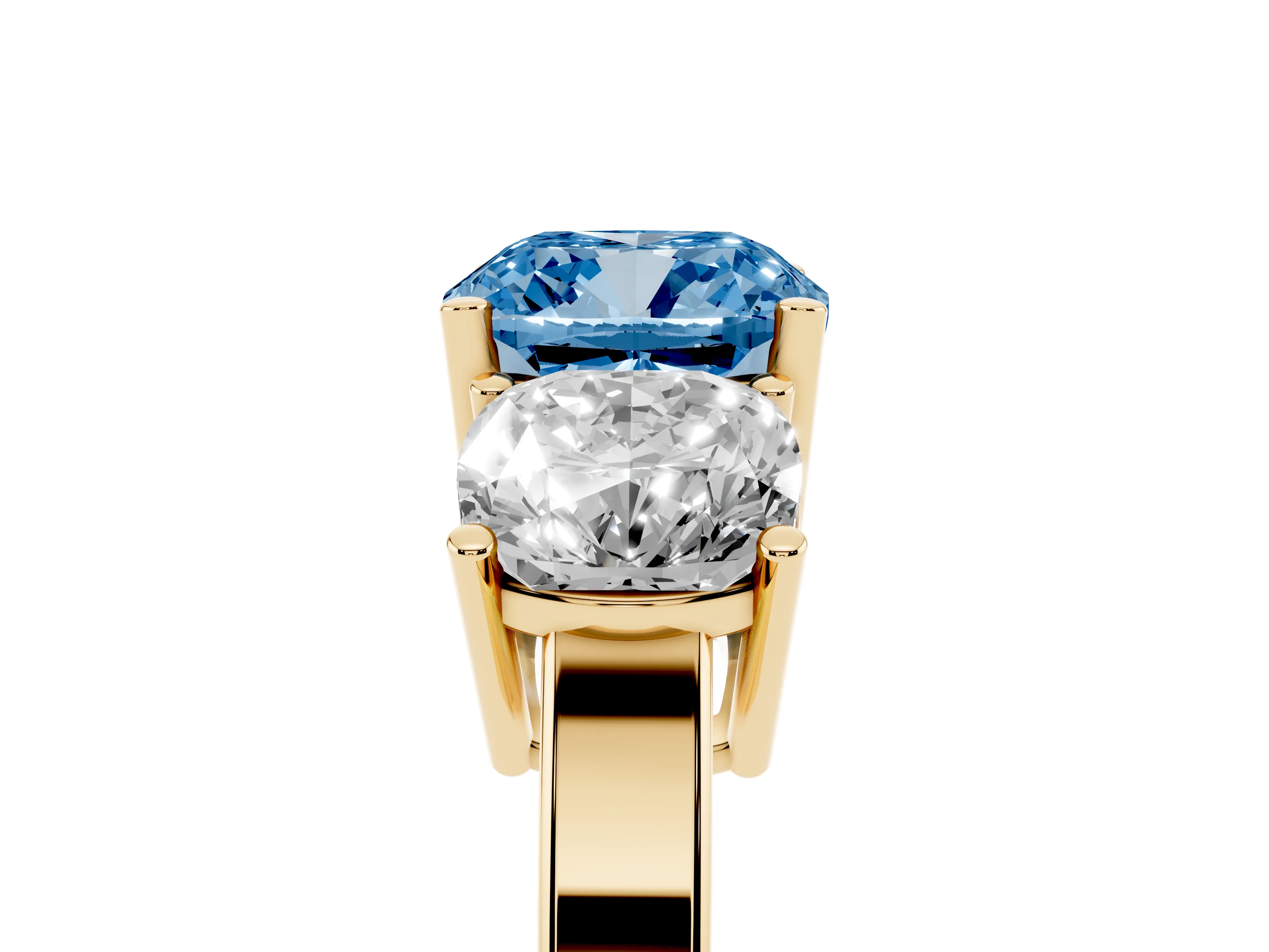 Fancy Blue Cushion Cut Diamond Three-Stone Engagement Ring Set in Yellow gold with Flat Band