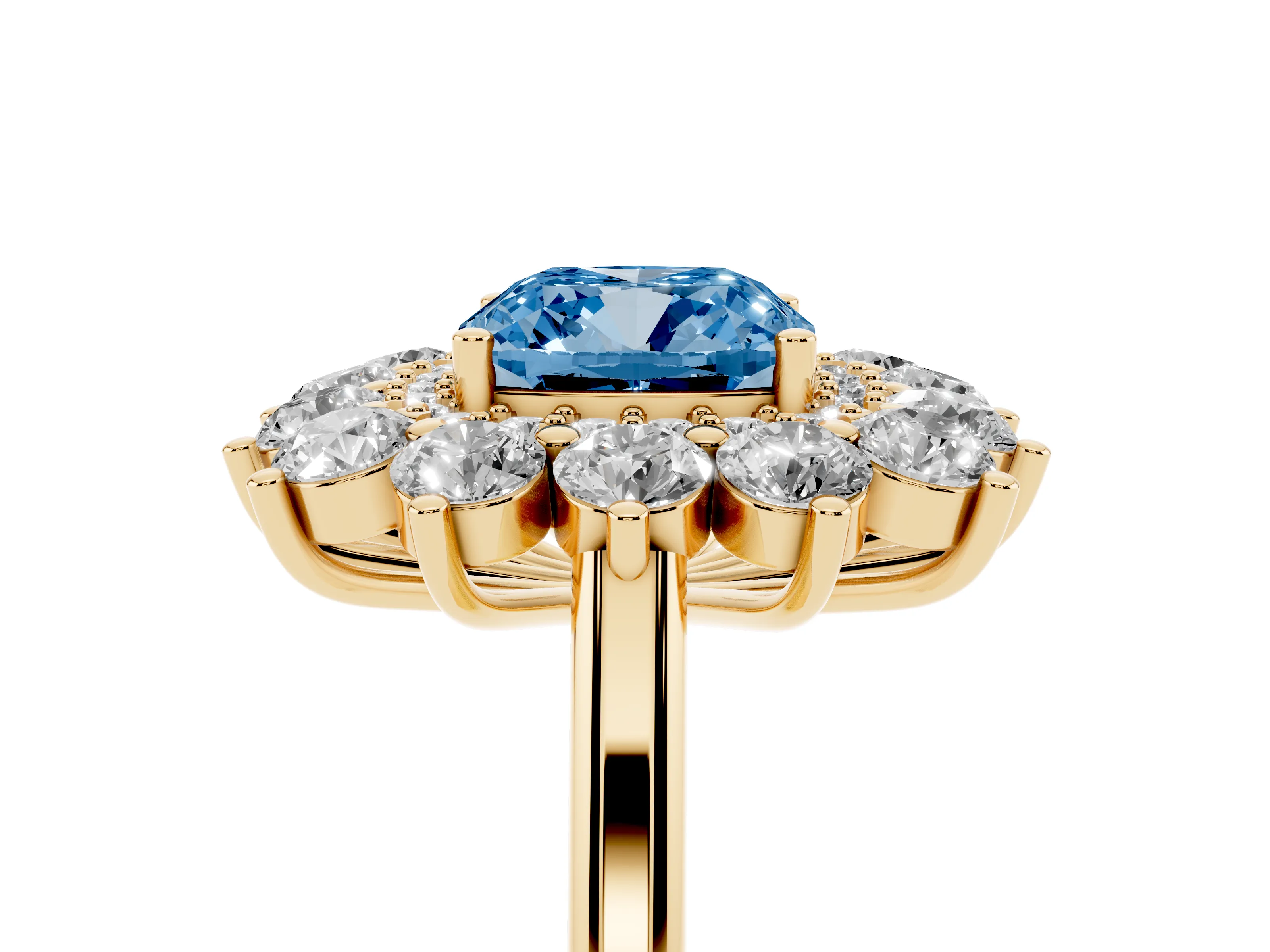 Fancy Blue Cushion Cut Diamond Floral Double Halo Ring Set in Yellow gold with Round Petals