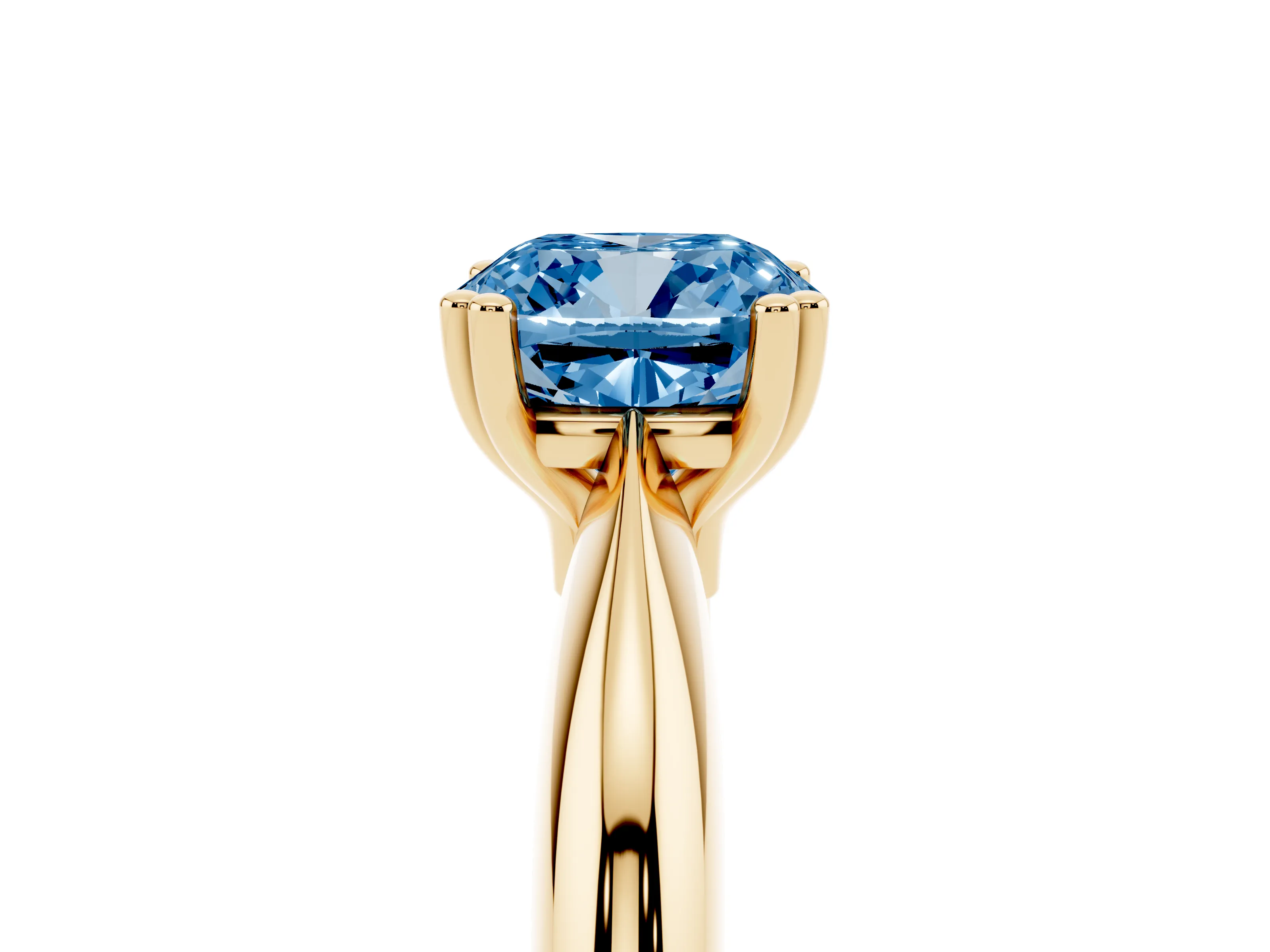 Fancy Blue Cushion Cut Diamond Solitaire Engagement Ring Set in Yellow gold with Tapered Band and Prong Setting