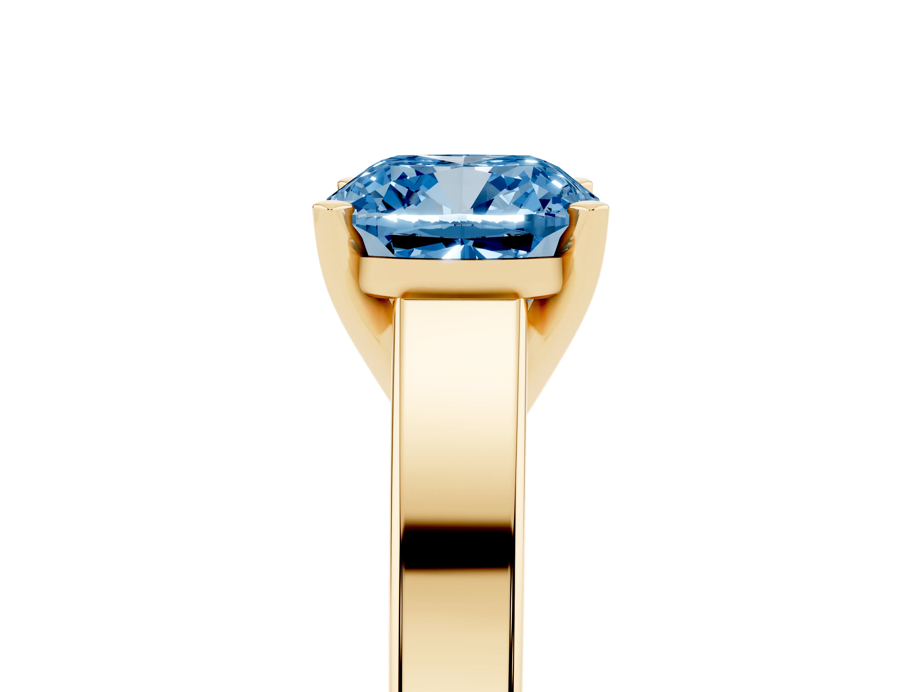 Fancy Blue Cushion Cut Diamond Solitaire Engagement Ring Set in Yellow gold with Prong Setting and Tapered Band
