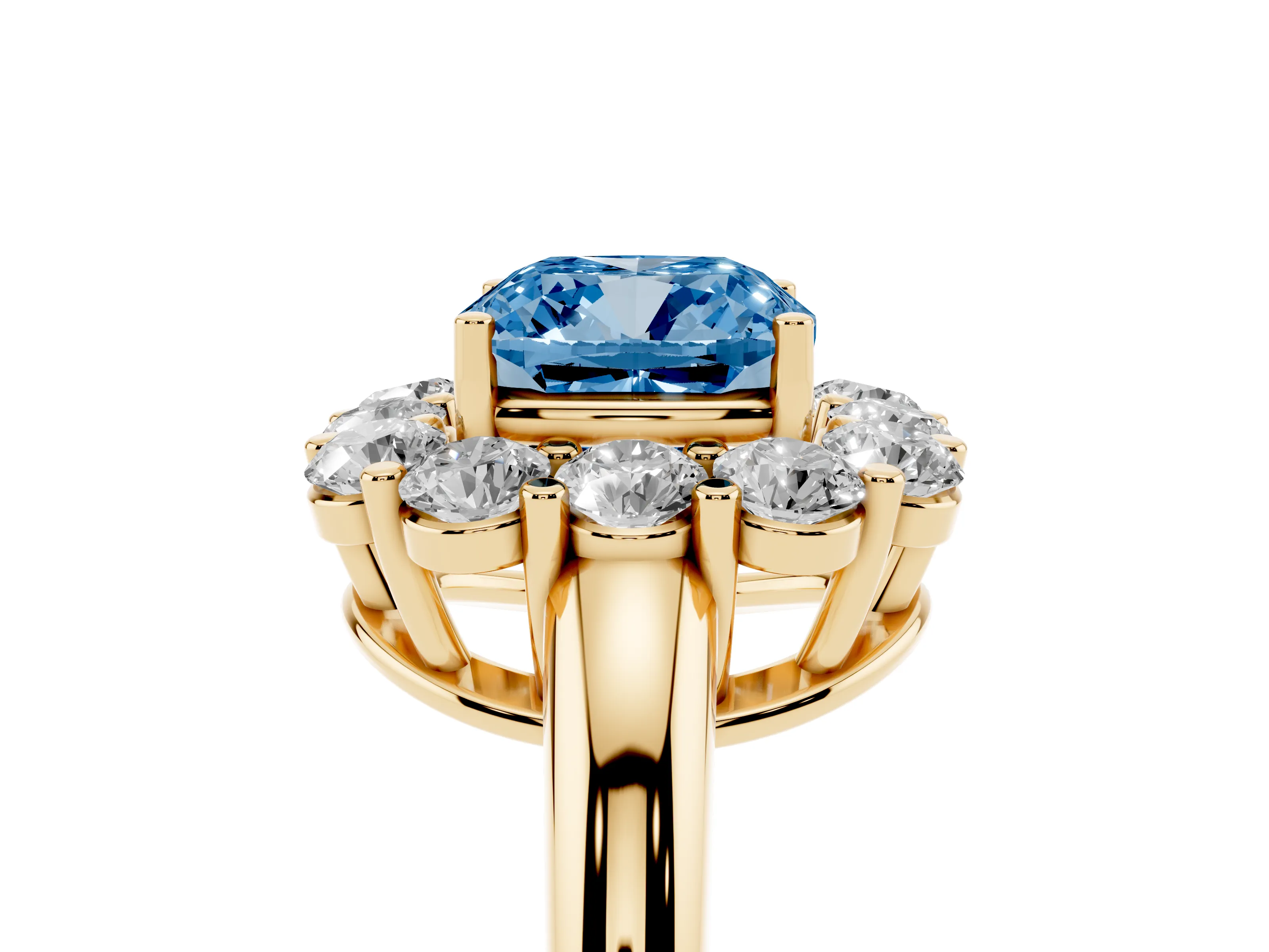 Fancy Blue Cushion Cut Diamond Halo Cluster Engagement Ring Set in Yellow gold with Polished Band and Prong Setting