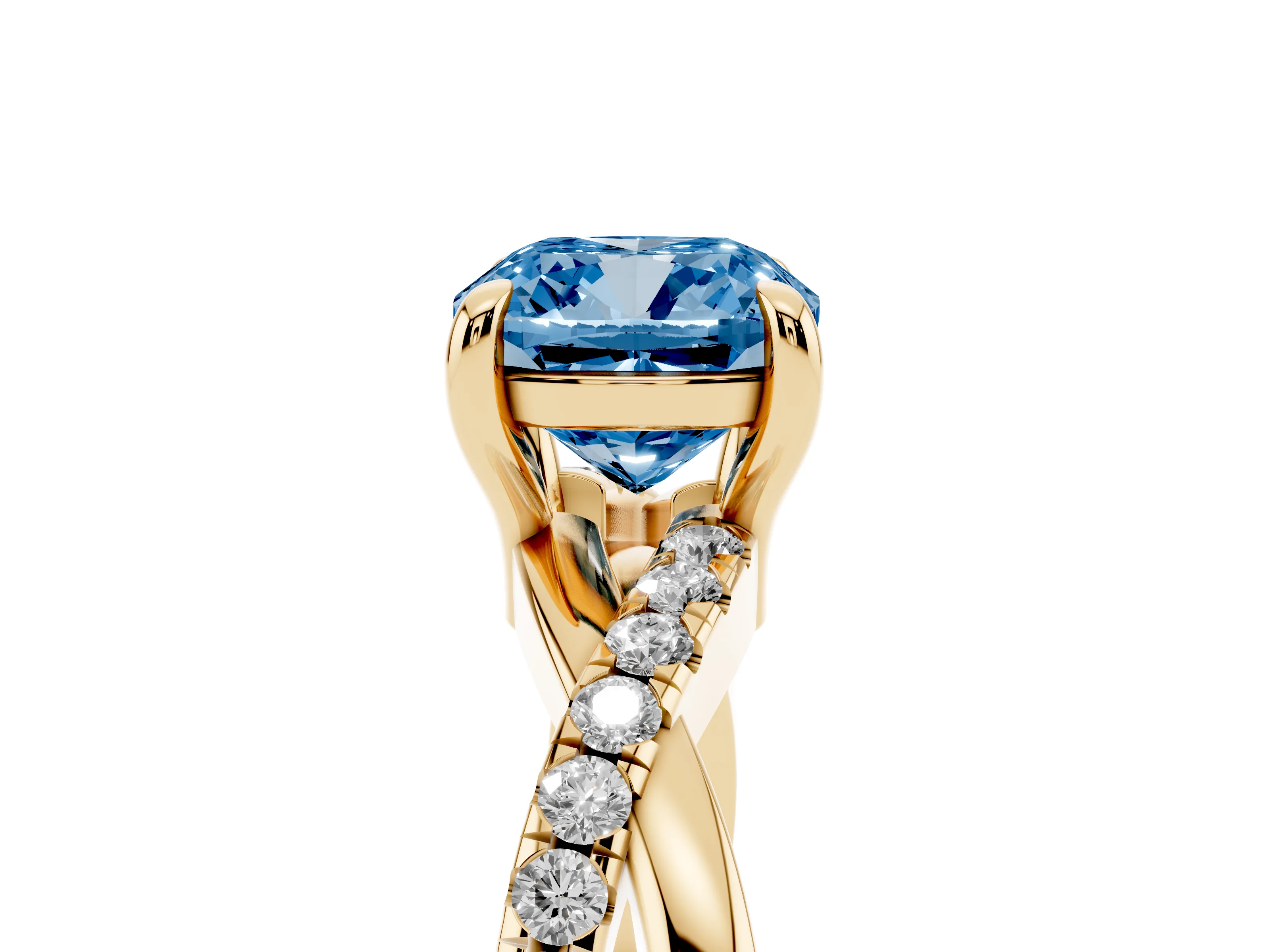 Fancy Blue Cushion Cut Diamond Twist Band Pavé Solitaire Ring Set in Yellow gold with Prong Setting