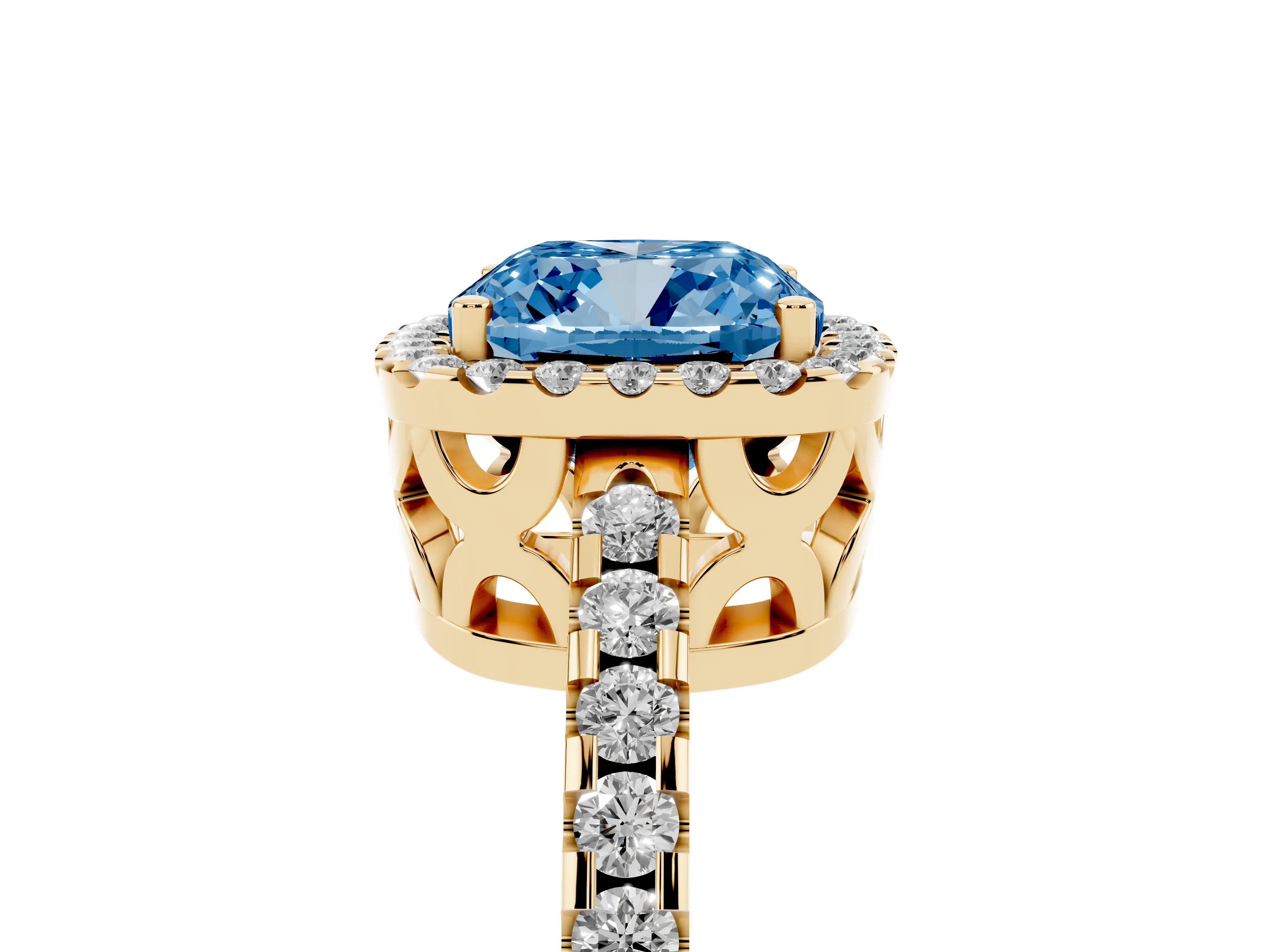 Fancy Blue Cushion Cut Diamond Halo Ring Set in Yellow gold with Pavé Shoulders and Halo-Framed Center