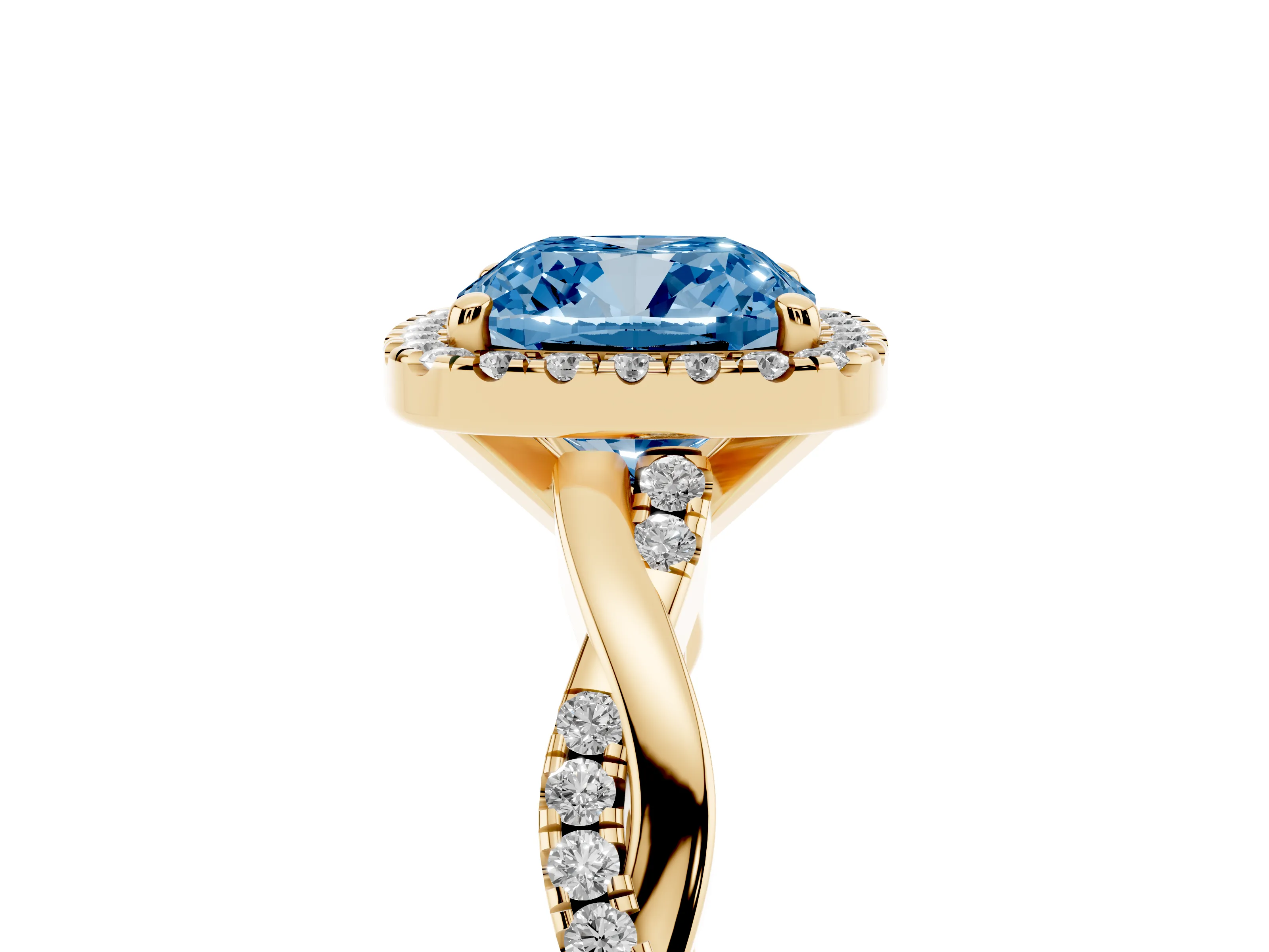 Fancy Blue Cushion Cut Diamond Halo Twisted Band Ring Set in Yellow gold with Prong Setting