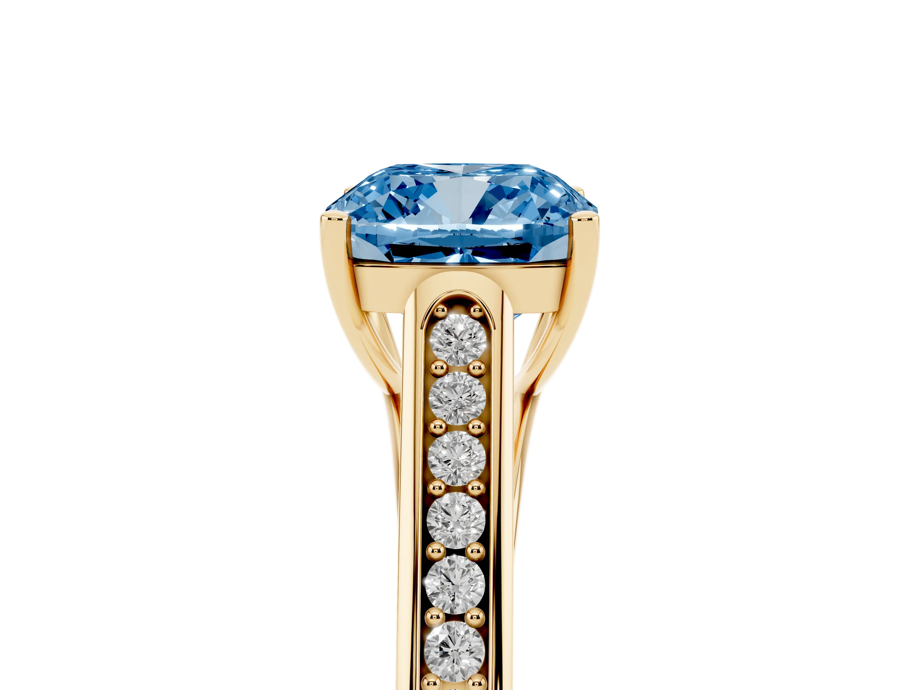 Fancy Blue Cushion Cut Diamond Solitaire Cathedral Engagement Ring Set in Yellow gold with Channel-Set Band and Prong Setting