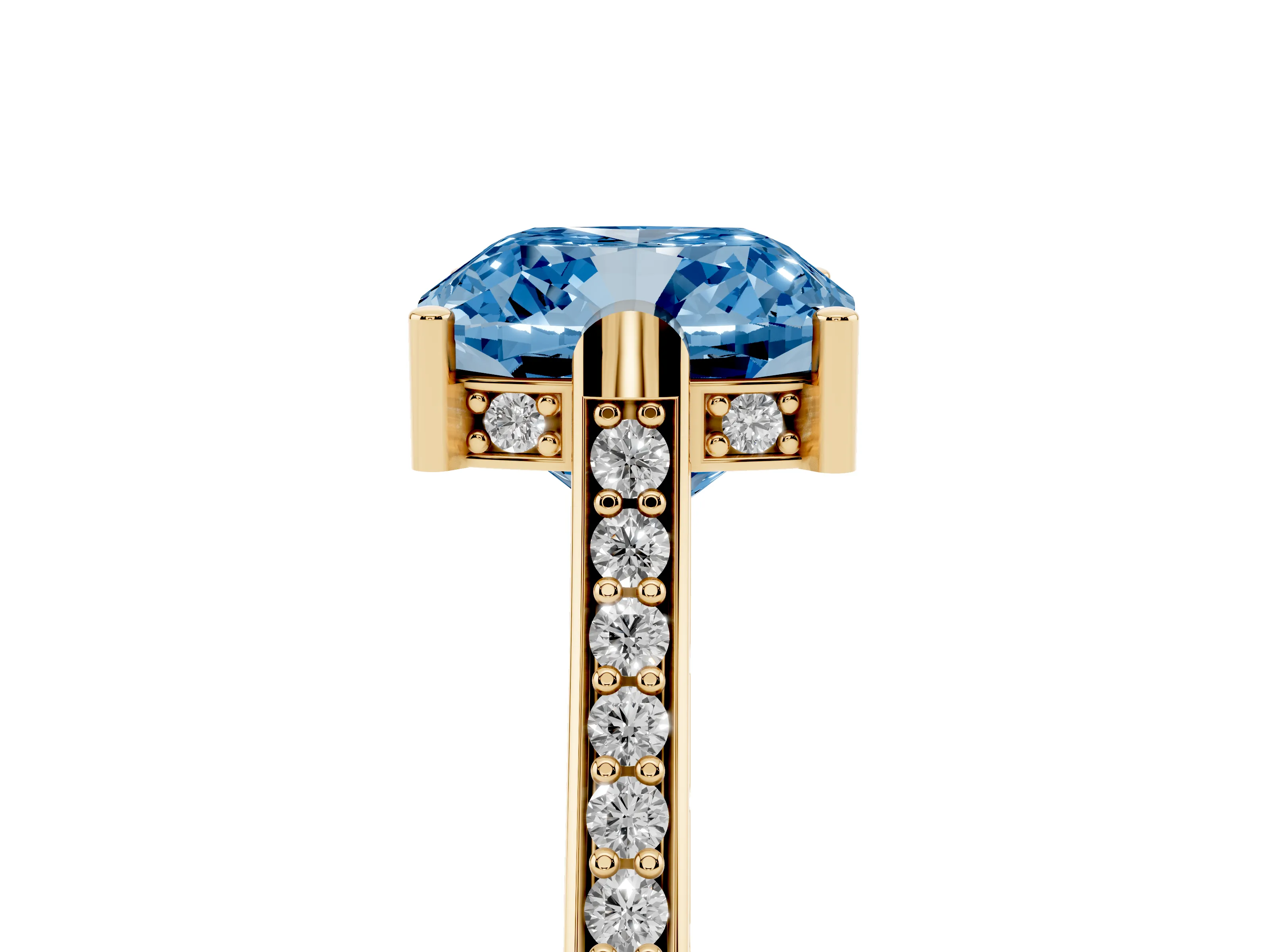 Fancy Blue Cushion Cut Diamond Solitaire Ring Set in Yellow gold with Channel Set Band and Bezel Prong Setting