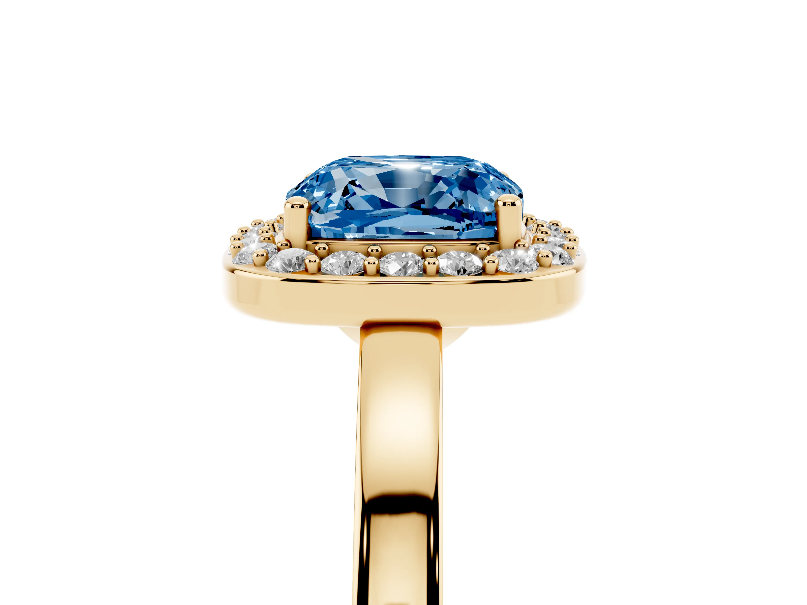Fancy Blue Cushion Cut Diamond Halo Ring Set in Yellow gold with Solitaire Band and Prong Setting