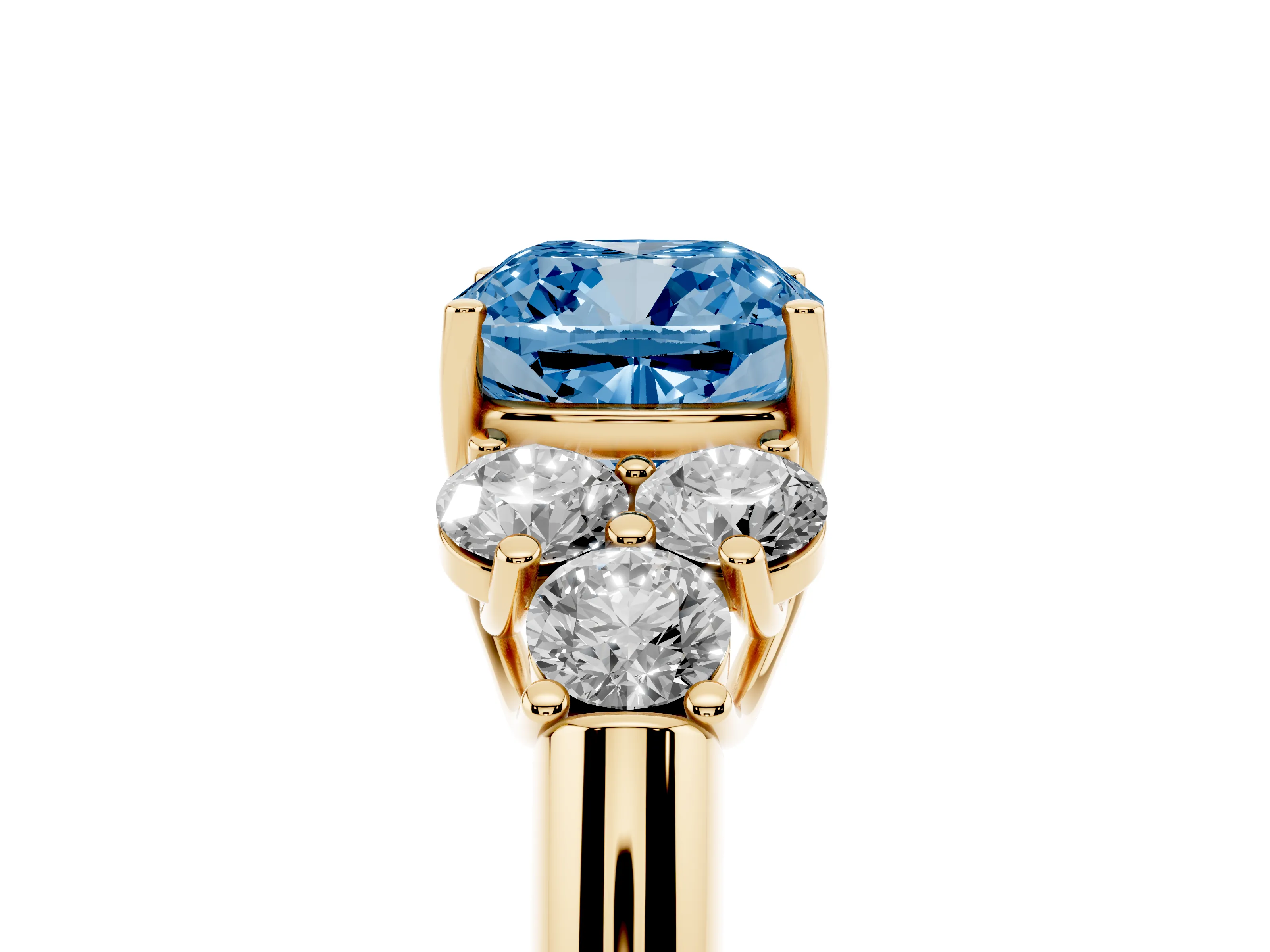 Fancy Blue Cushion Cut Diamond Cluster Ring Set in Yellow gold with Round Accent Stones and Prong Setting on a Plain Band