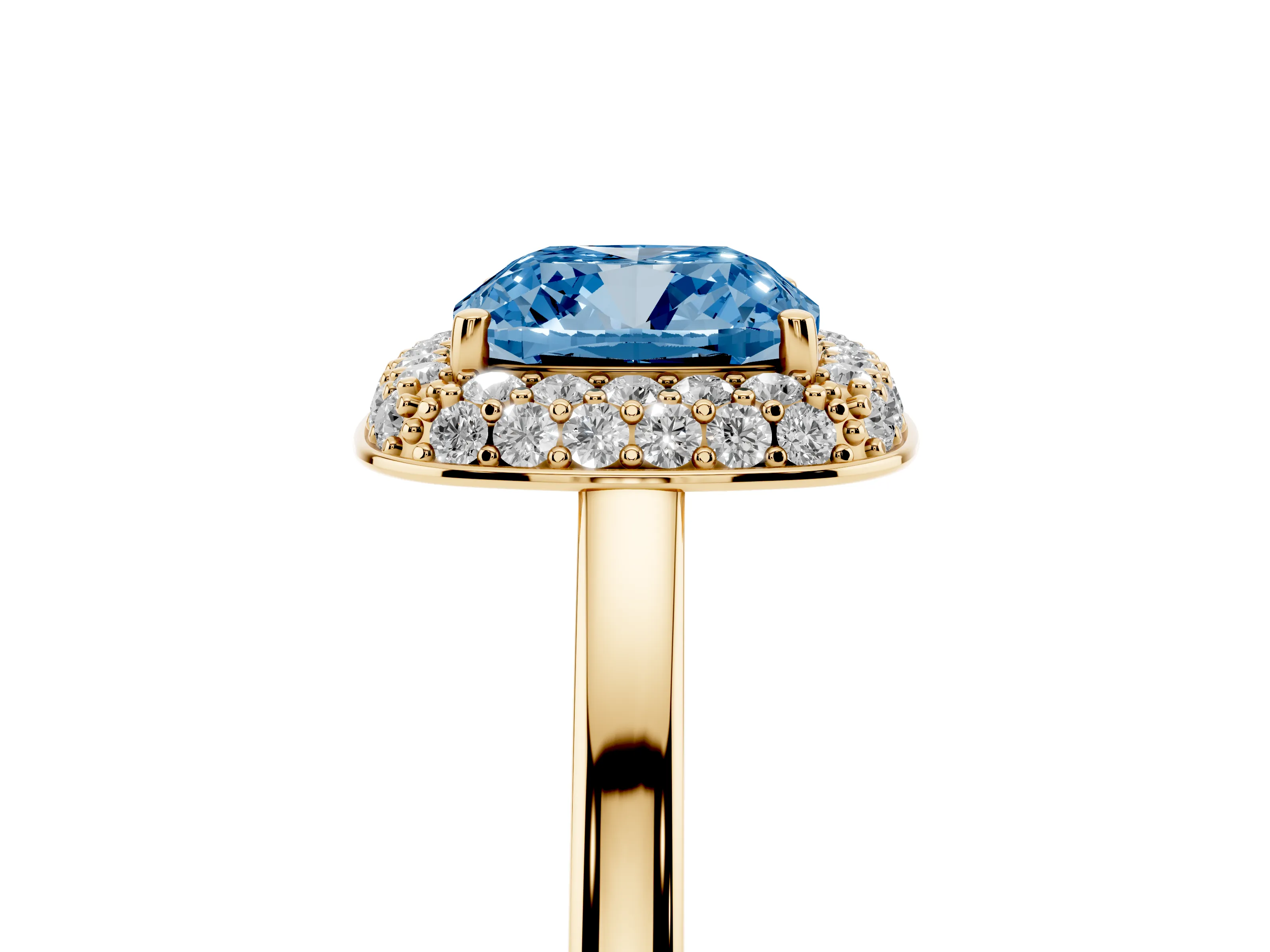 Fancy Blue Cushion Cut Diamond Halo Engagement Ring Set in Yellow gold with Solitaire Band and Prong Setting
